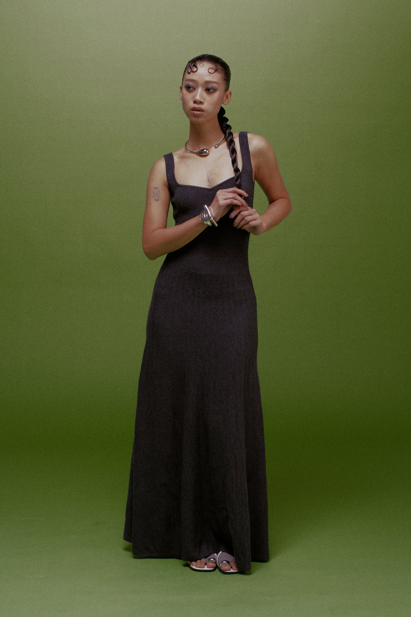 Mara Heart Neck Ribbed Wool Maxi Dress