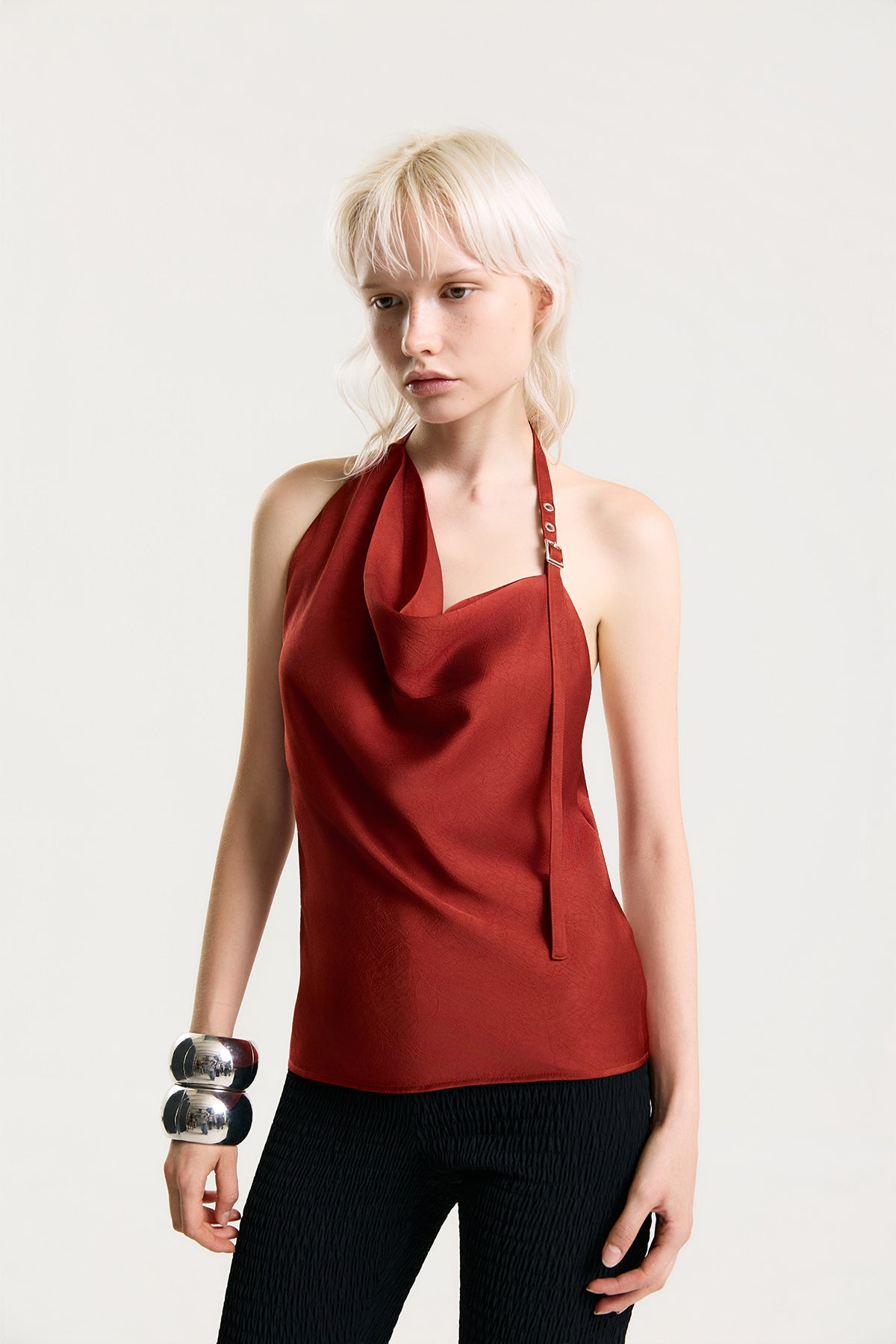 OTHER STORE Mariel Draped Halter Satin Top