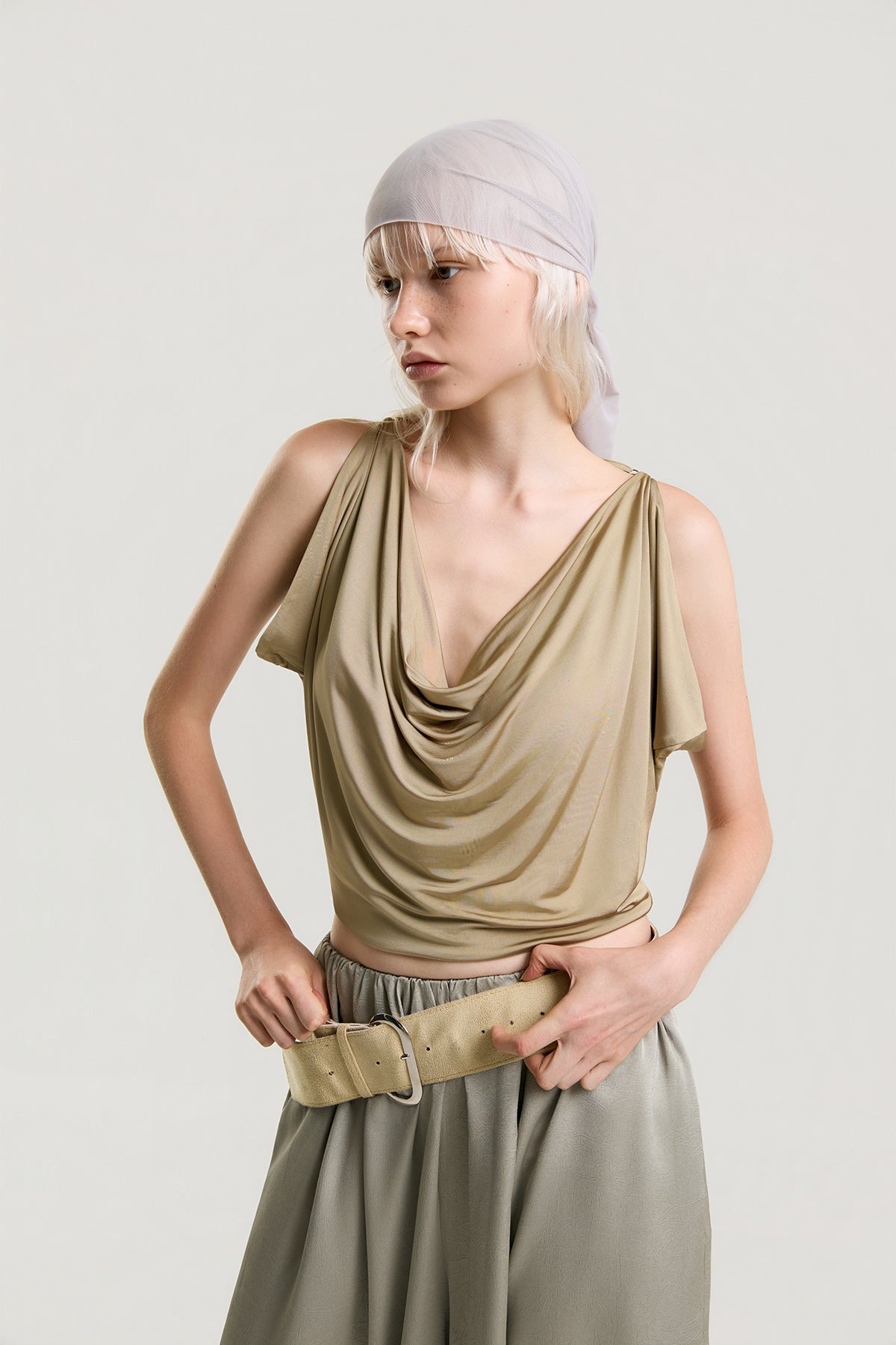 OTHER STORE Mariel Draped Open-Back Tank Top in Khaki