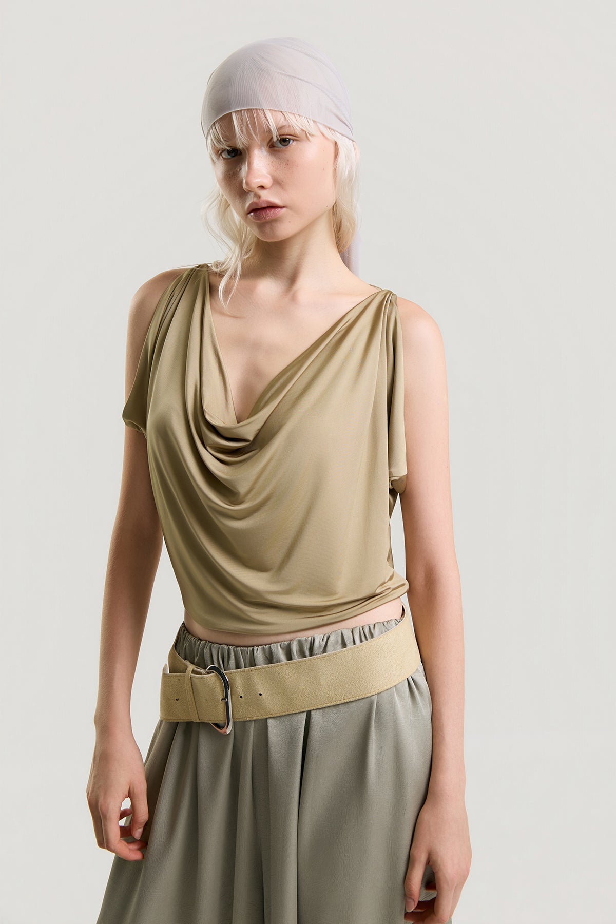 OTHER STORE Mariel Draped Open-Back Tank Top in Khaki
