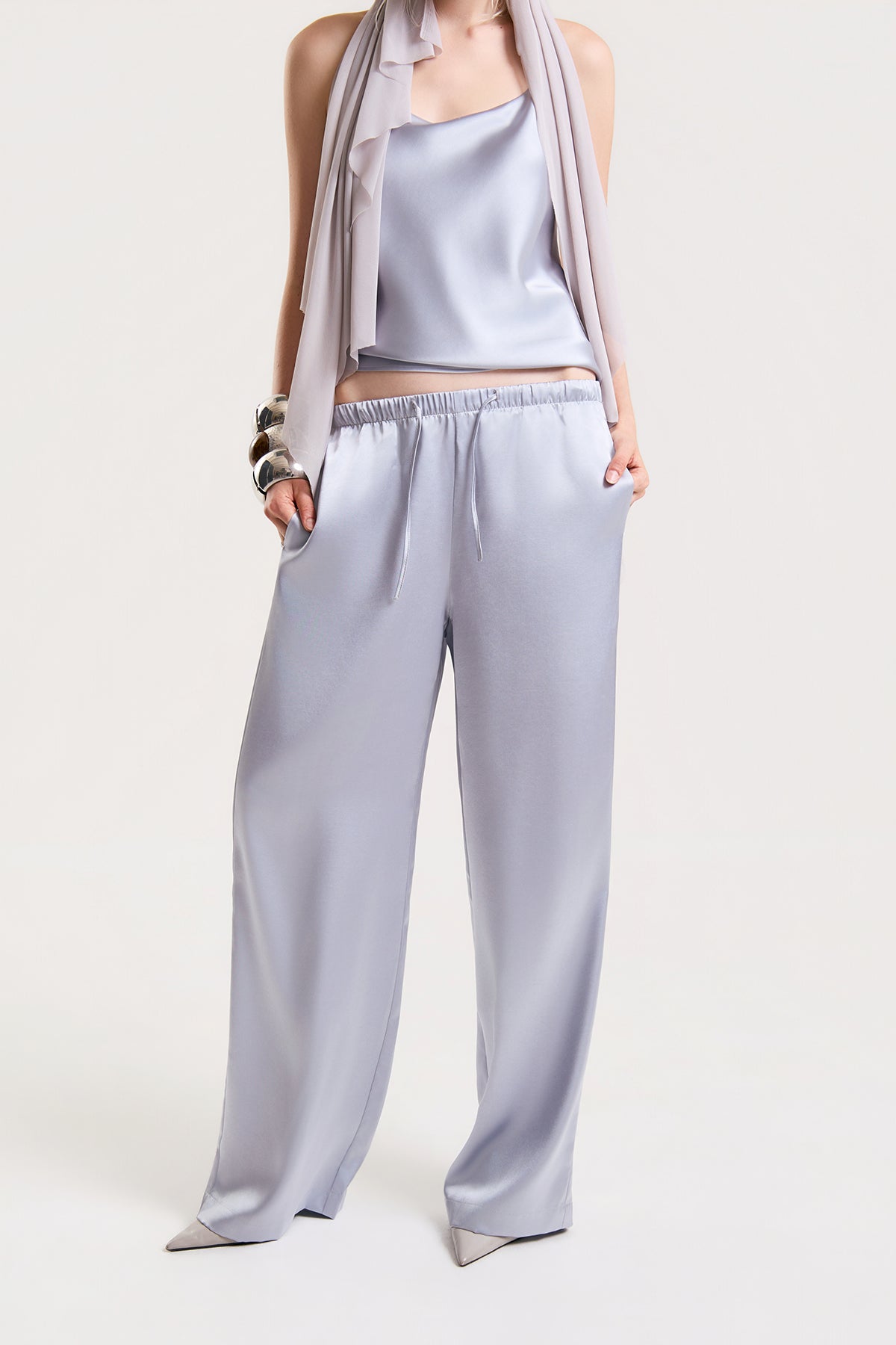 OTHER STORE Mariel Wide-Leg Satin Pants in Mist Blue