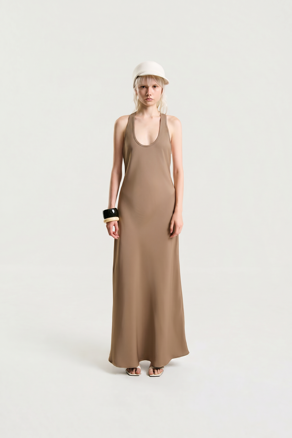 OTHER STORE Noemi Racerback Open-Back Maxi Dress in Taupe Brown