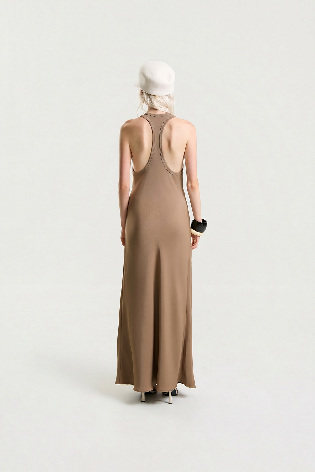 OTHER STORE Noemi Racerback Open-Back Maxi Dress in Taupe Brown