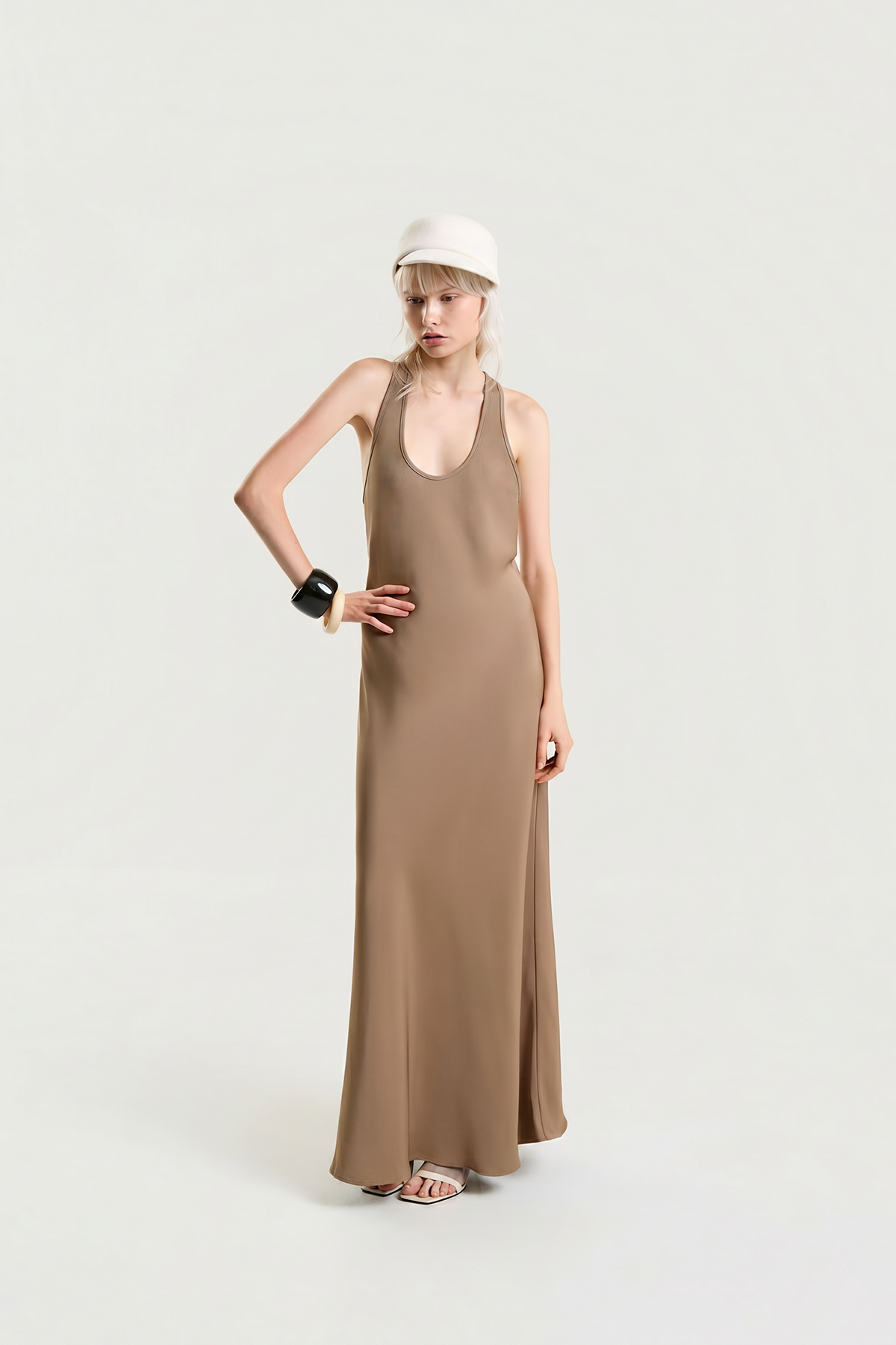 OTHER STORE Noemi Racerback Open-Back Maxi Dress in Taupe Brown