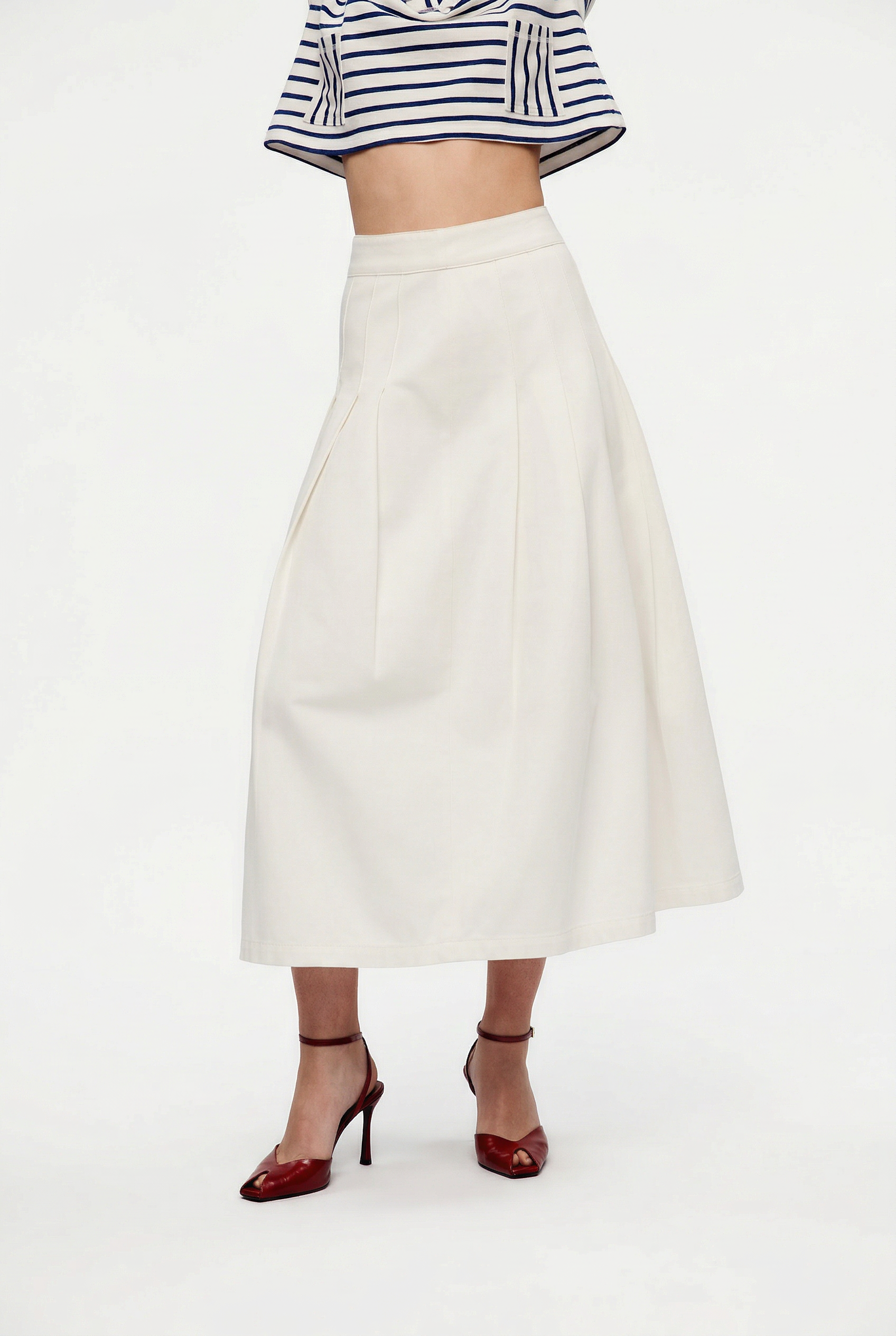 OTHER STORE Halo Pleated A-Line White Denim Midi Skirt