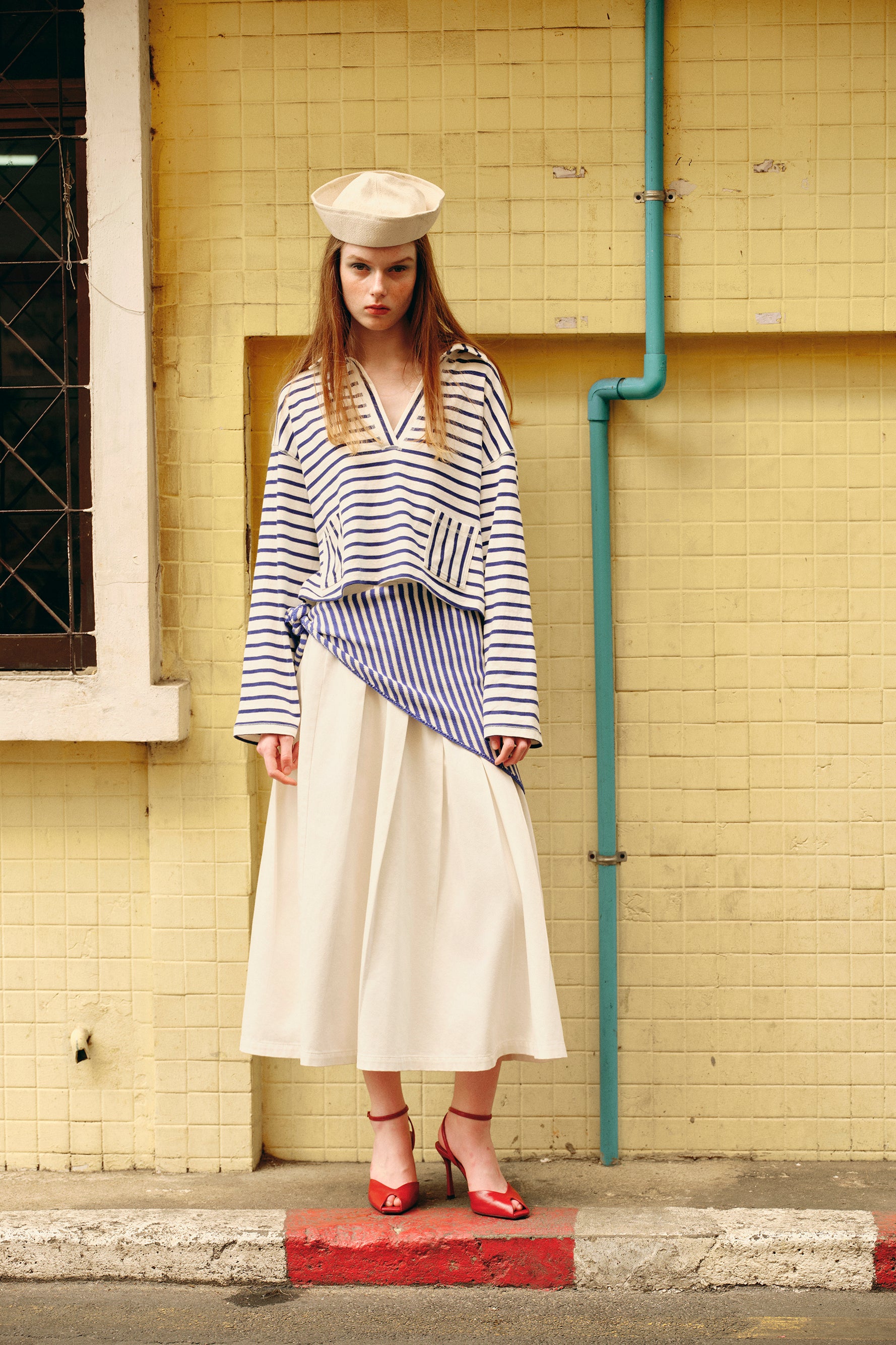 OTHER STORE Halo Pleated A-Line White Denim Midi Skirt