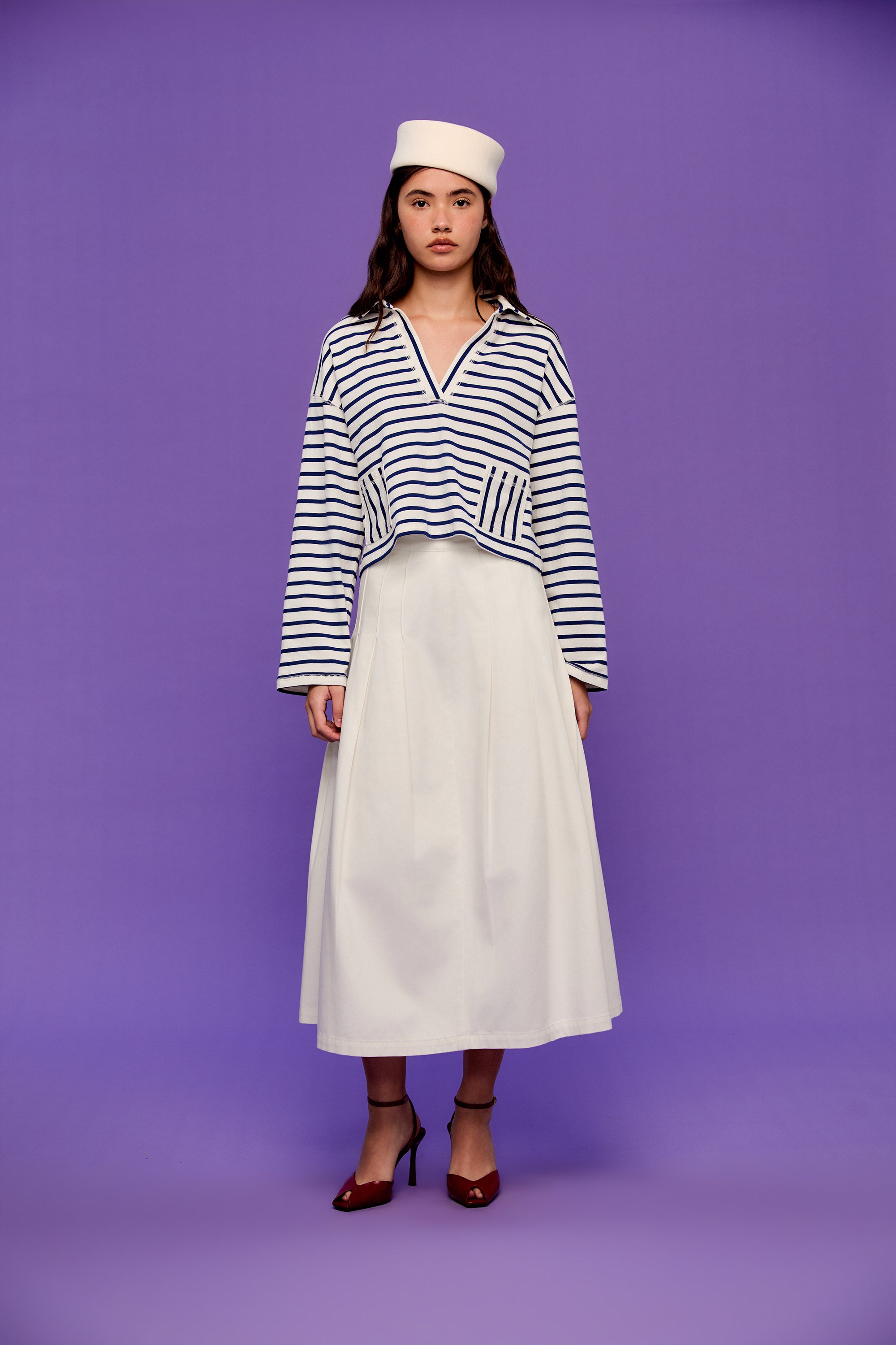 OTHER STORE Halo Pleated A-Line White Denim Midi Skirt