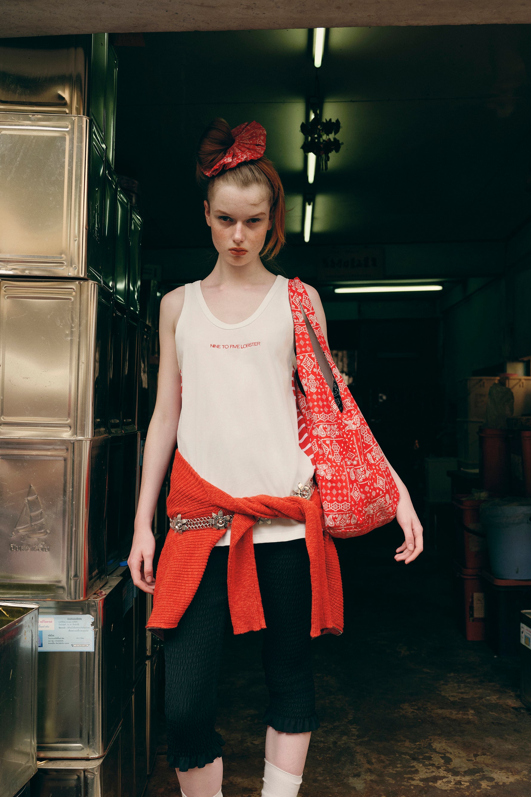 OTHER STORE Lobster Slogan Striped Tank in Sunset Red