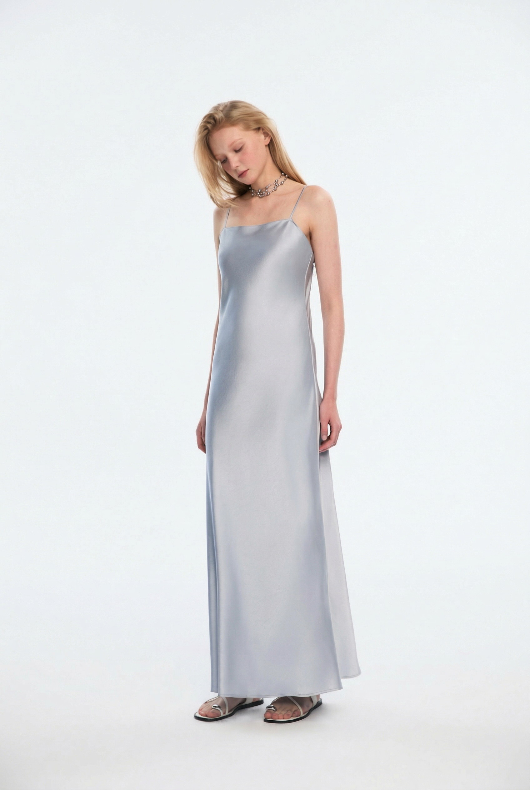 OTHER STORE Lustre Silk-Effect Cut-Out Slip Dress in Silver Mist