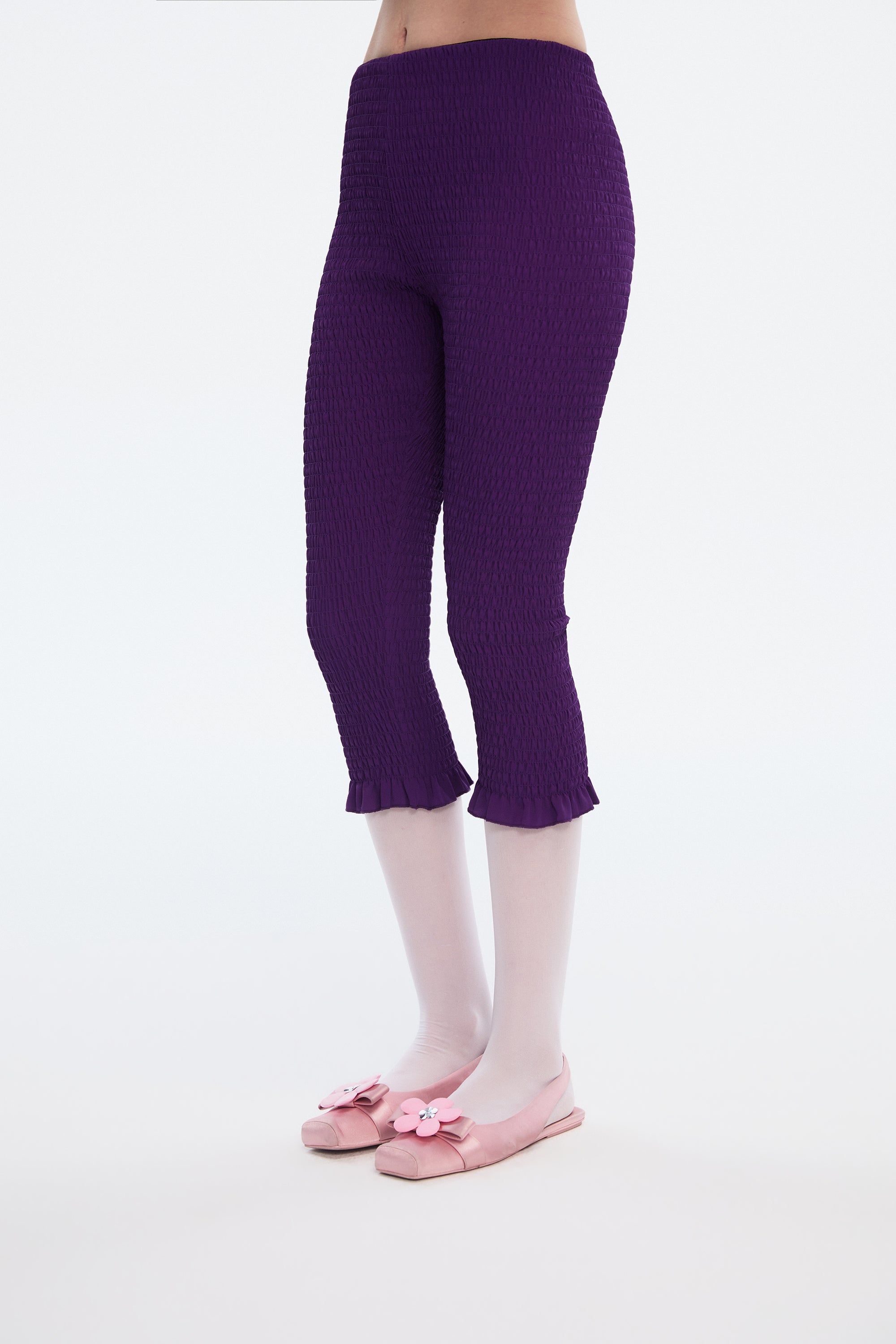OTHER STORE Ripple Smocked Ruffle-Hem Capri Leggings in Purple