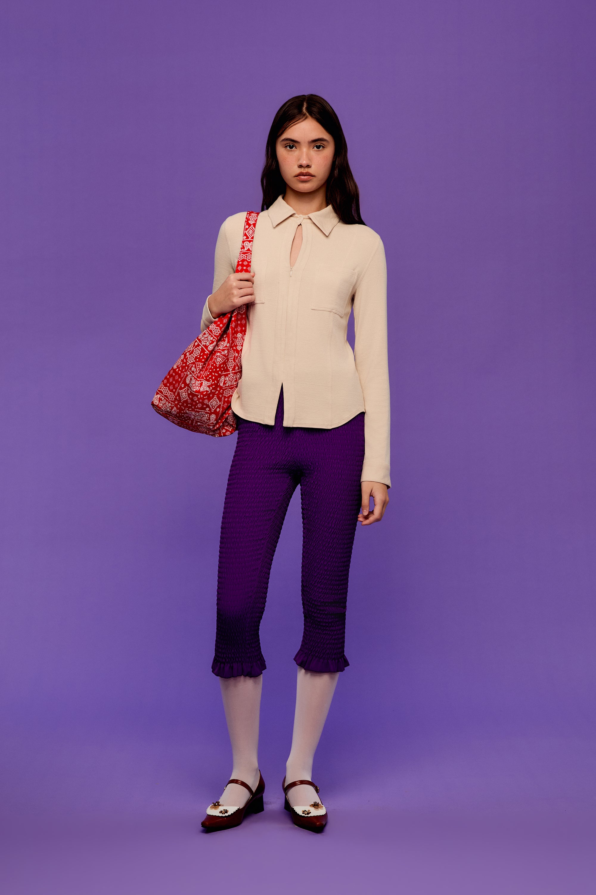 OTHER STORE Ripple Smocked Ruffle-Hem Capri Leggings in Purple