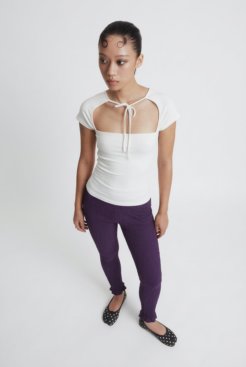 OTHER STORE Ripple Smocked Ruffle-Hem Cropped Leggings in Purple