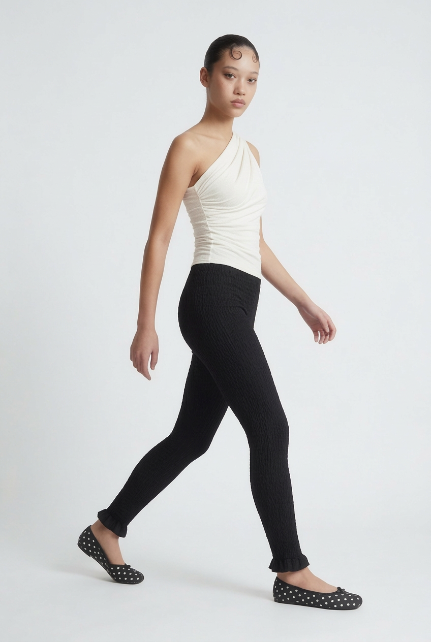 OTHER STORE Ripple Smocked Ruffle-Hem Cropped Leggings in Black