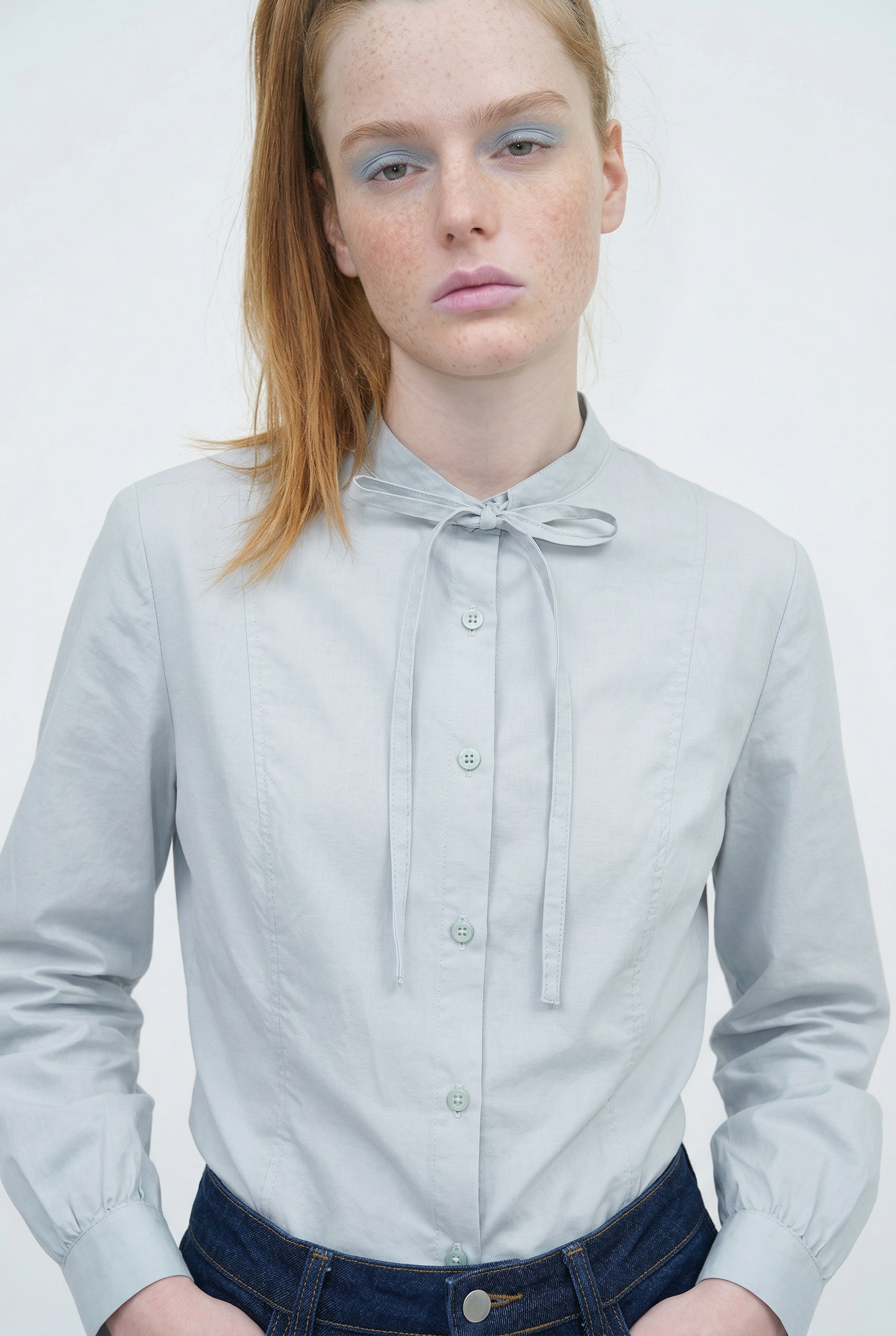 OTHER STORE Sonata Sculptural Lantern-Sleeve Shirt in Sky Gray