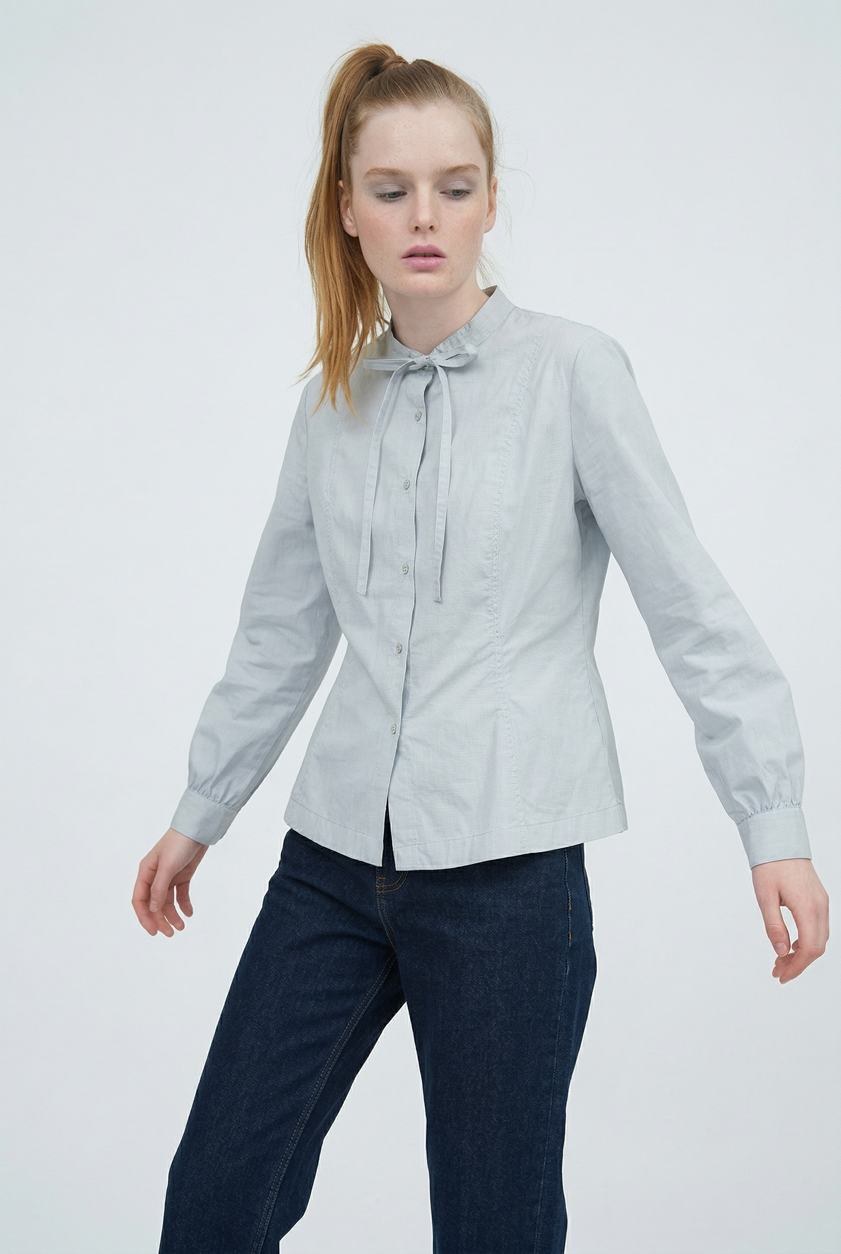 OTHER STORE Sonata Sculptural Lantern-Sleeve Shirt in Sky Gray