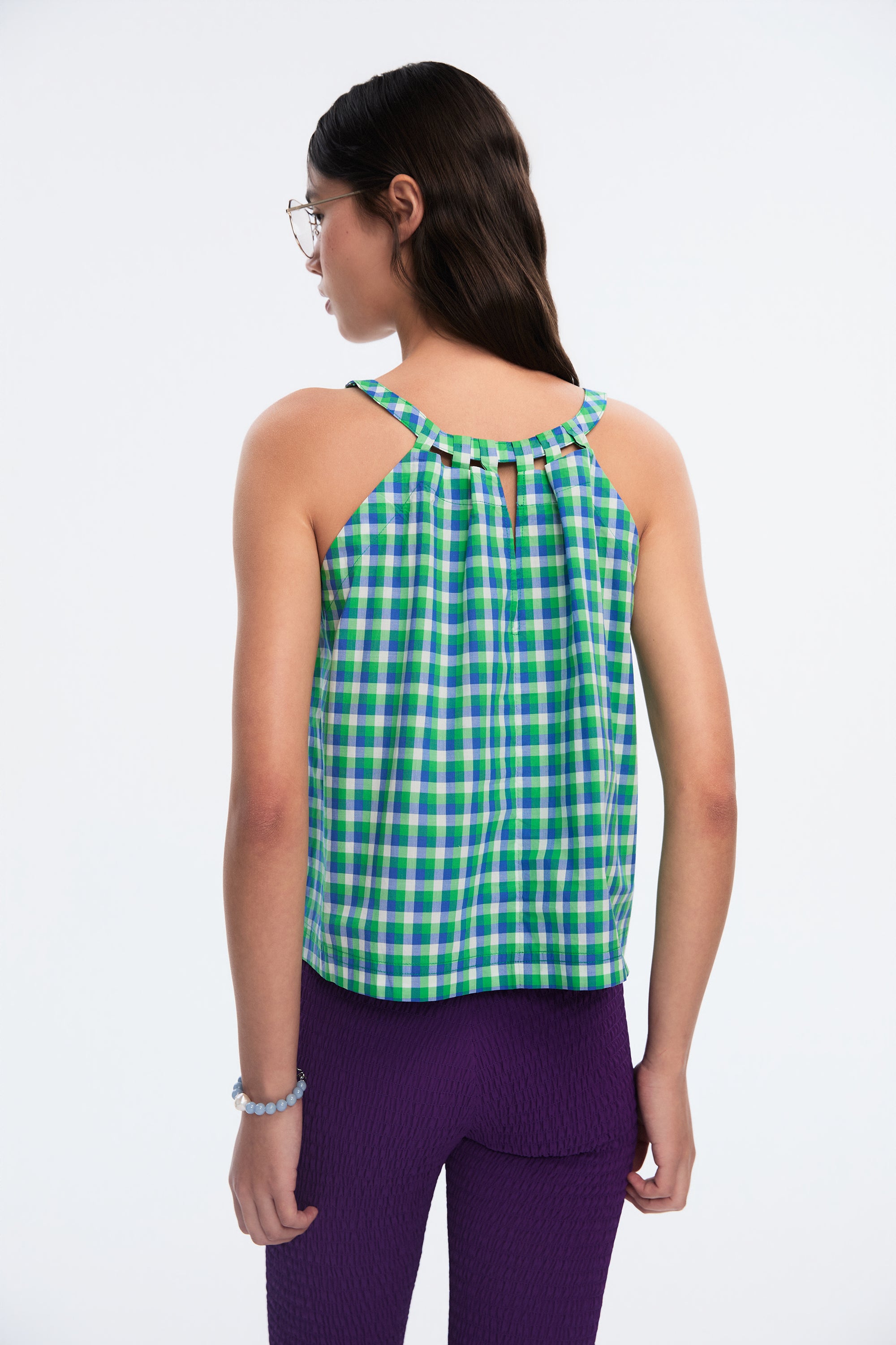 OTHER STORE Arc Plaid Halter Top, Cutout Neck Sleeveless Summer Tank Top