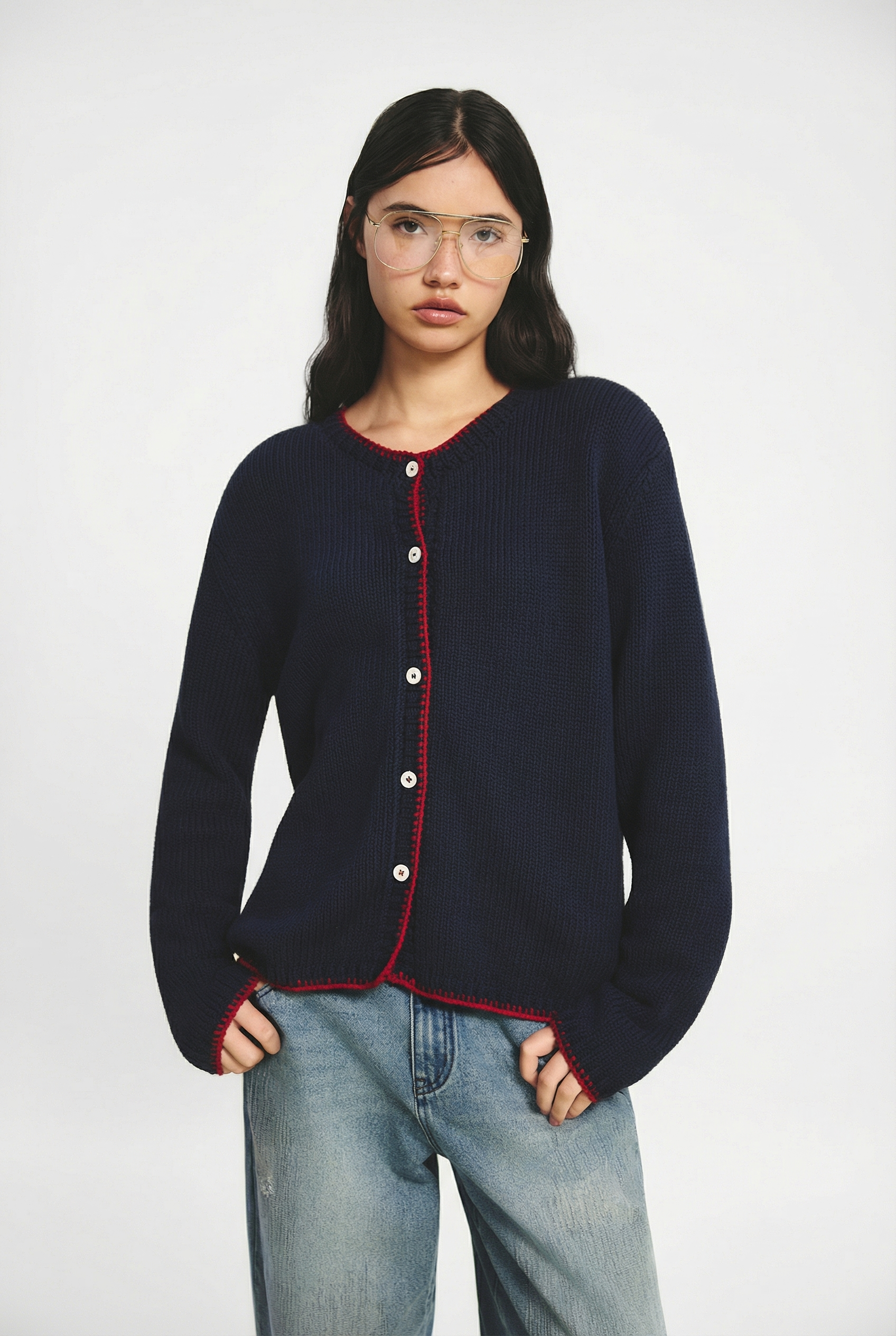 OTHER STORE Aura Hand-Crochet Color-Block Relaxed Knit Top In Navy