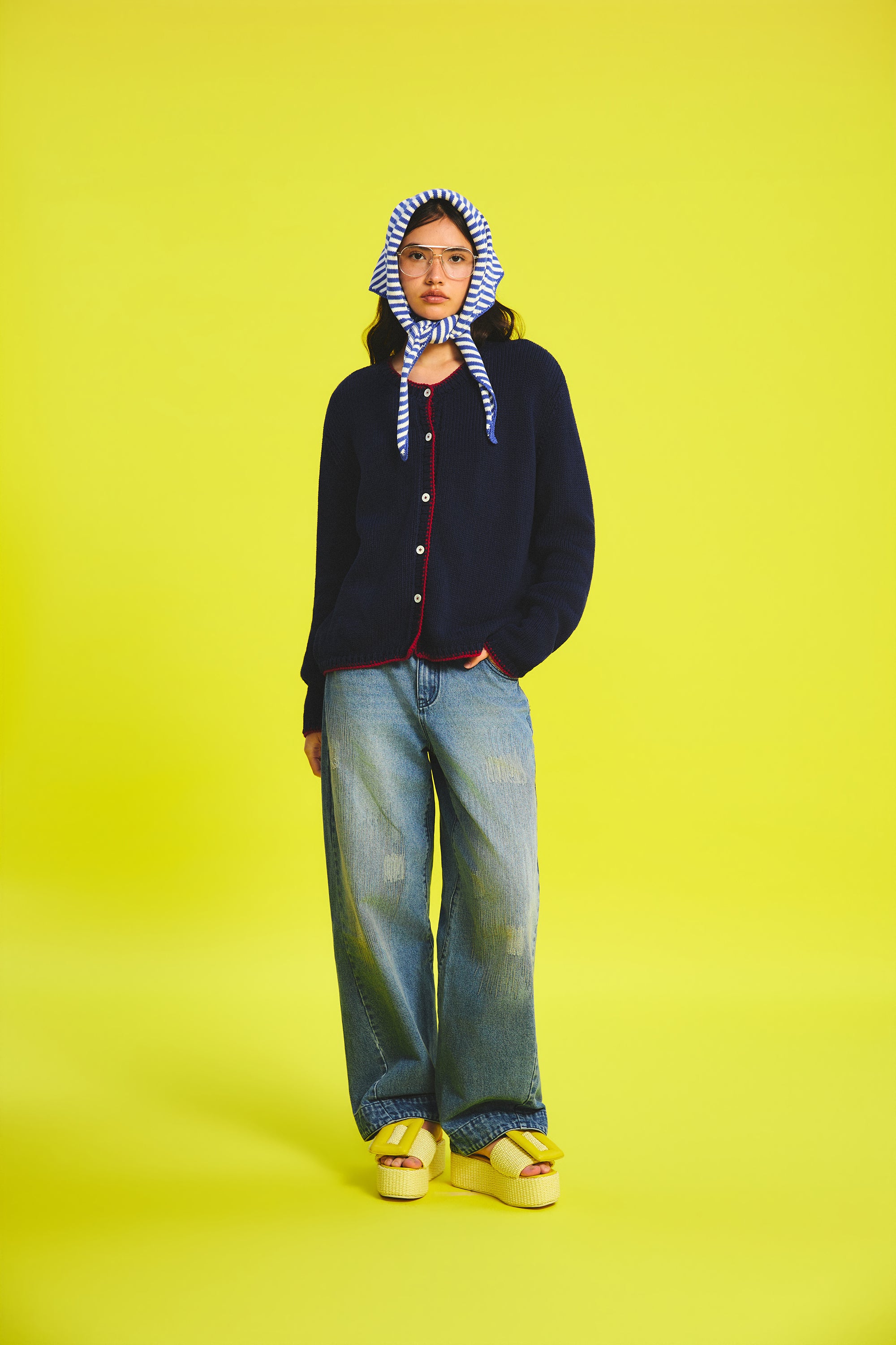 OTHER STORE Aura Hand-Crochet Color-Block Relaxed Knit Top In Navy