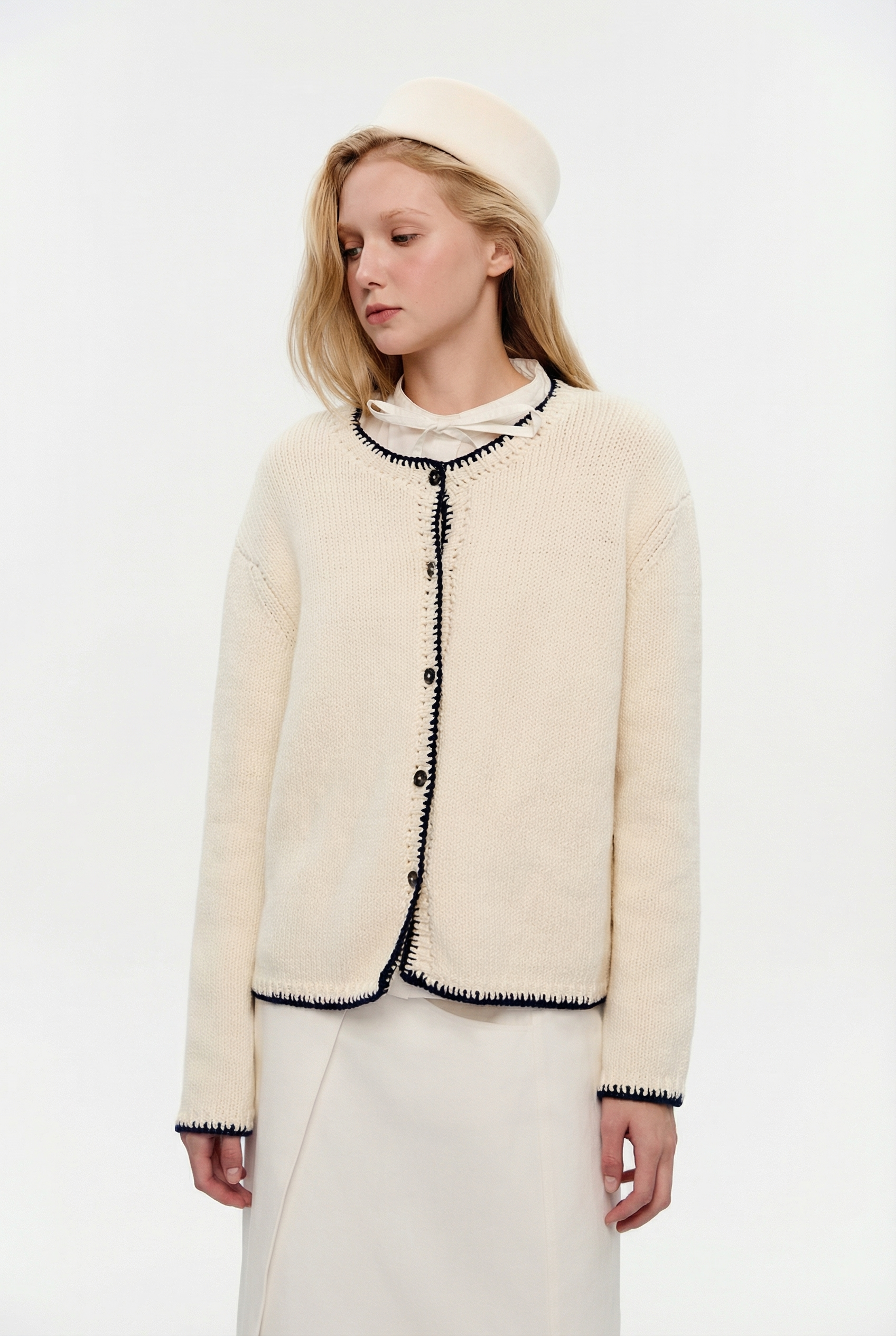 OTHER STORE Aura Hand-Crochet Color-Block Relaxed Knit Top In White