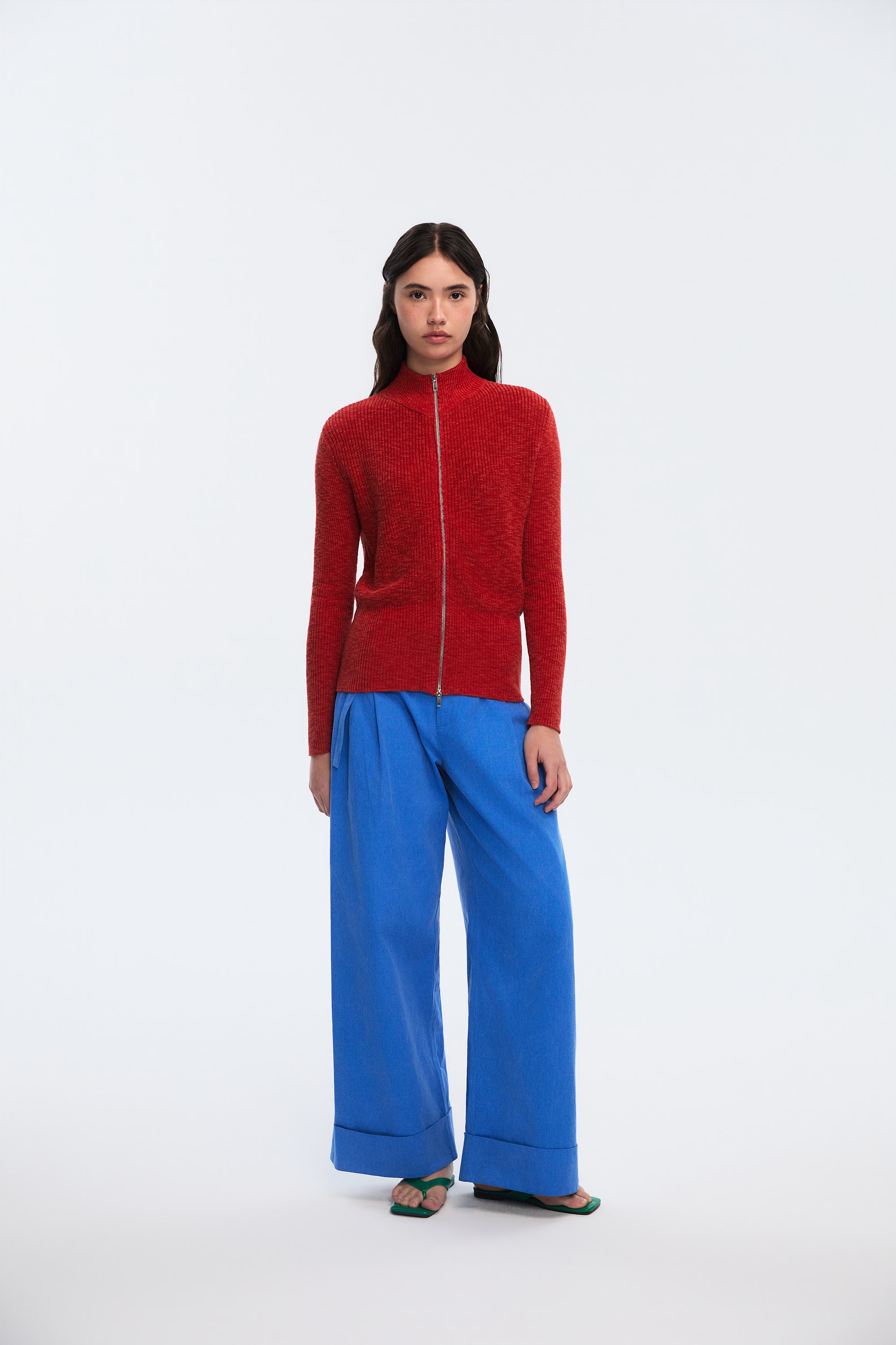 OTHER STORE Flex Two-Way Zip Stand-Collar Ingot Knit Cardigan In Red