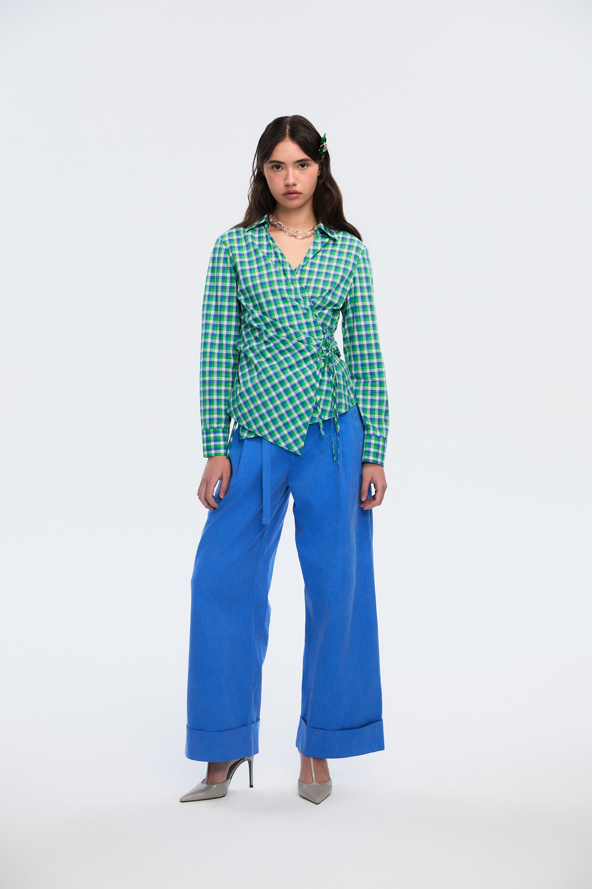 OTHER STORE Pivot Double-Placket Wrap Tie-Waist Shirt In Check