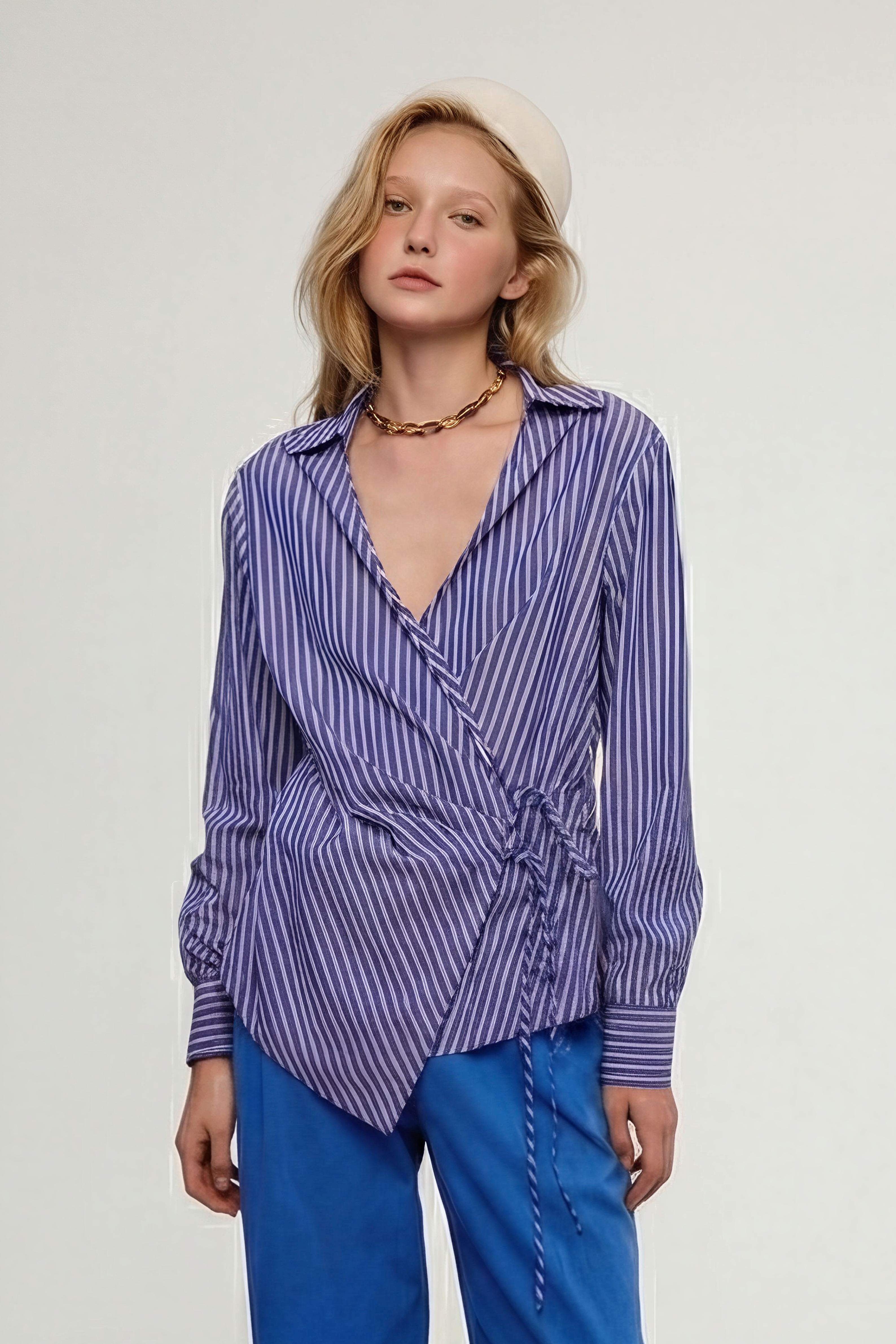 OTHER STORE Pivot Double-Placket Wrap Tie-Waist Shirt In Stripe