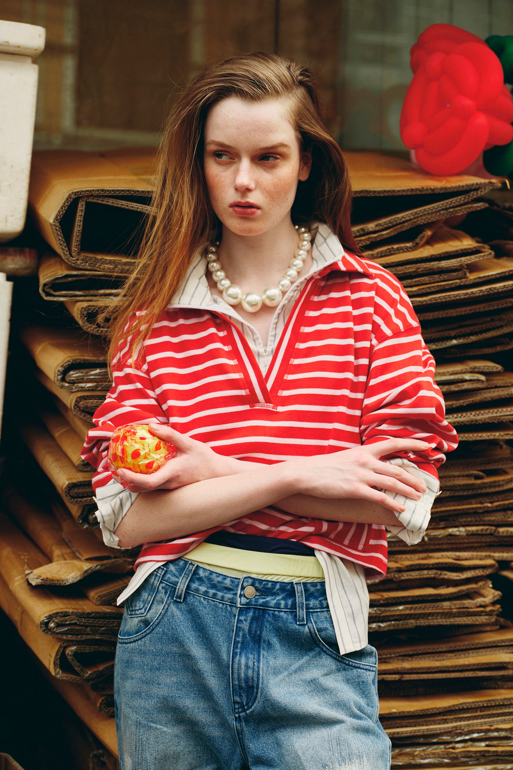 OTHER STORE Shift V-Neck Lapel Striped Boxy Top In Red