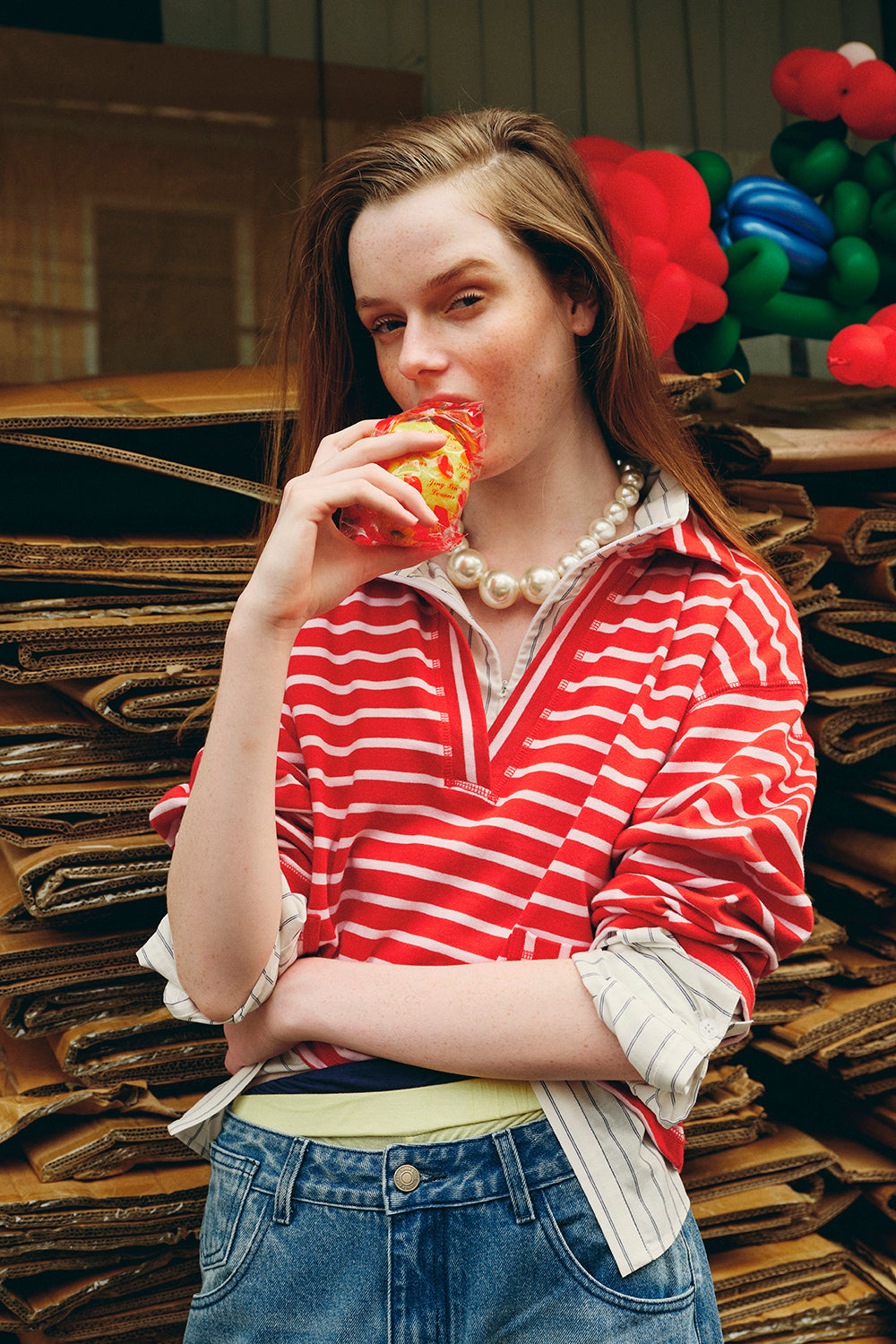 OTHER STORE Shift V-Neck Lapel Striped Boxy Top In Red