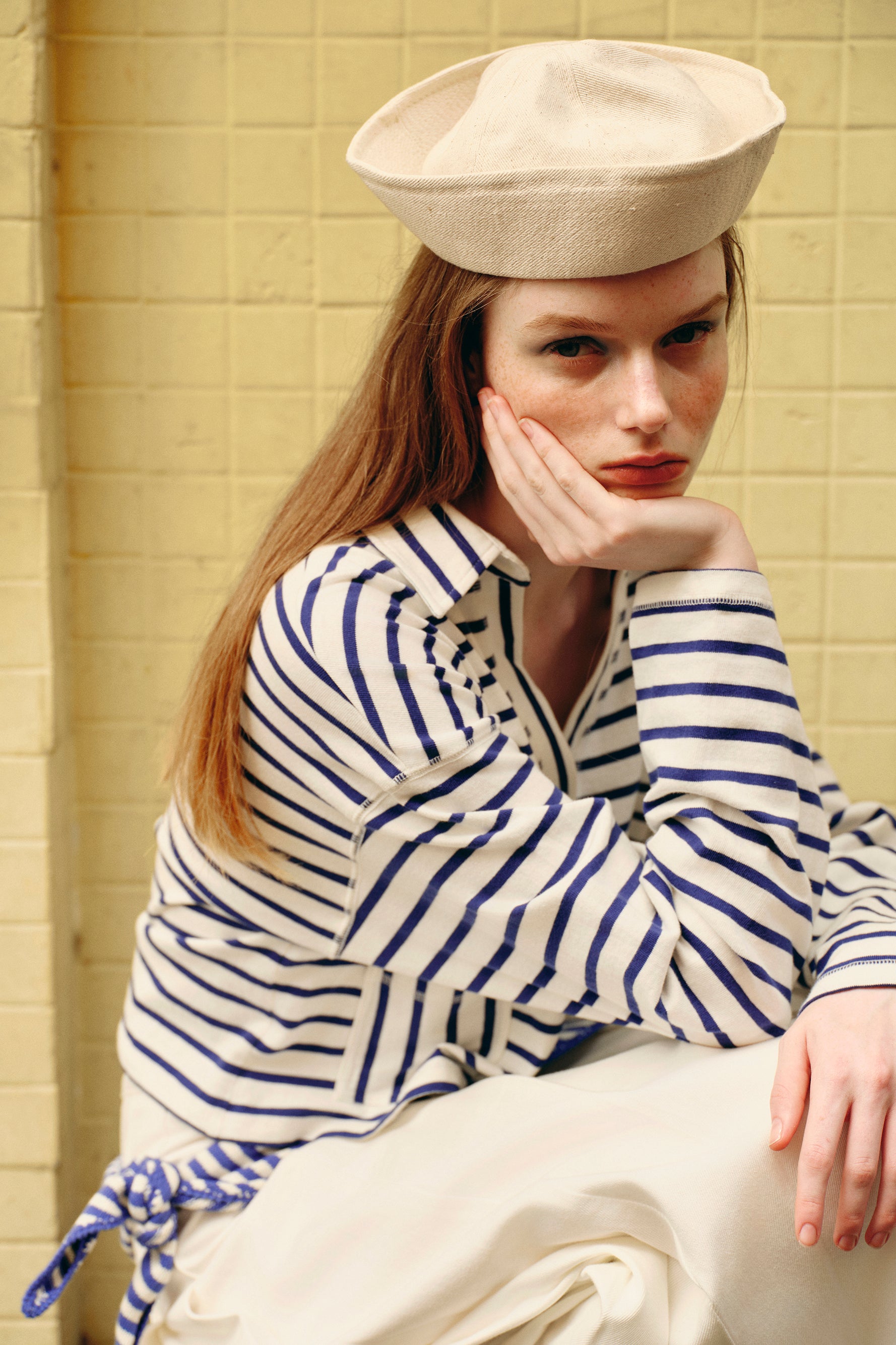 OTHER STORE Shift V-Neck Lapel Striped Boxy Top In Navy