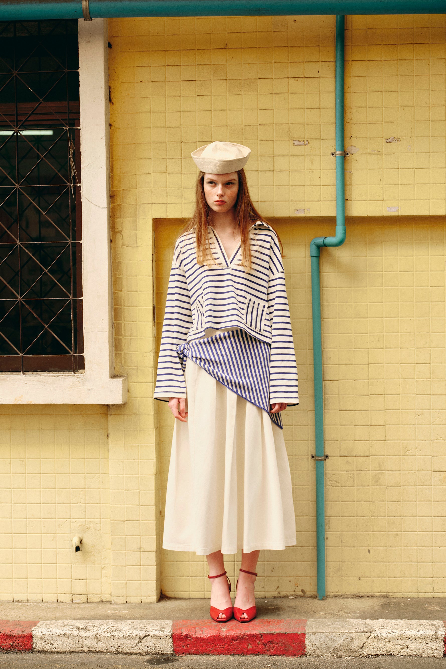 OTHER STORE Shift V-Neck Lapel Striped Boxy Top In Navy