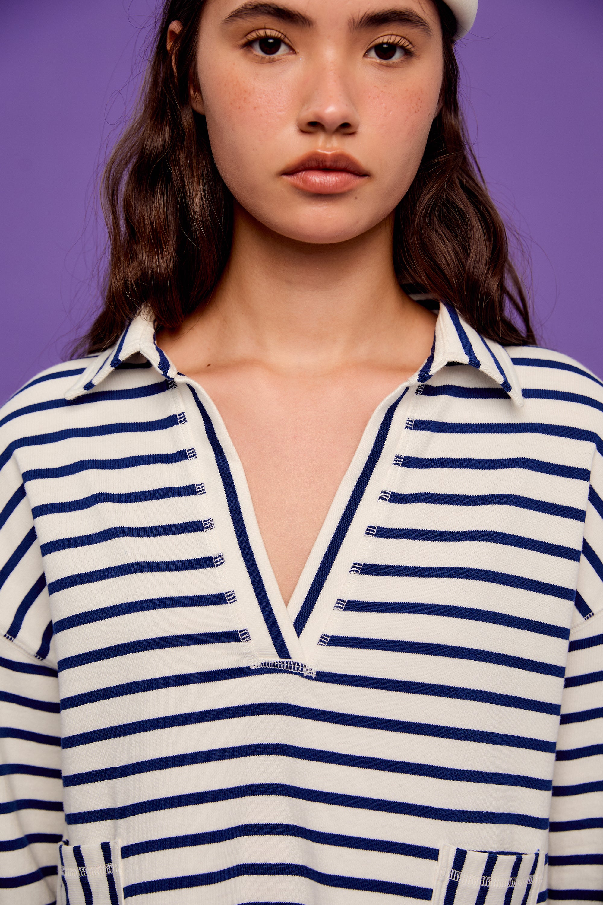 OTHER STORE Shift V-Neck Lapel Striped Boxy Top In Navy