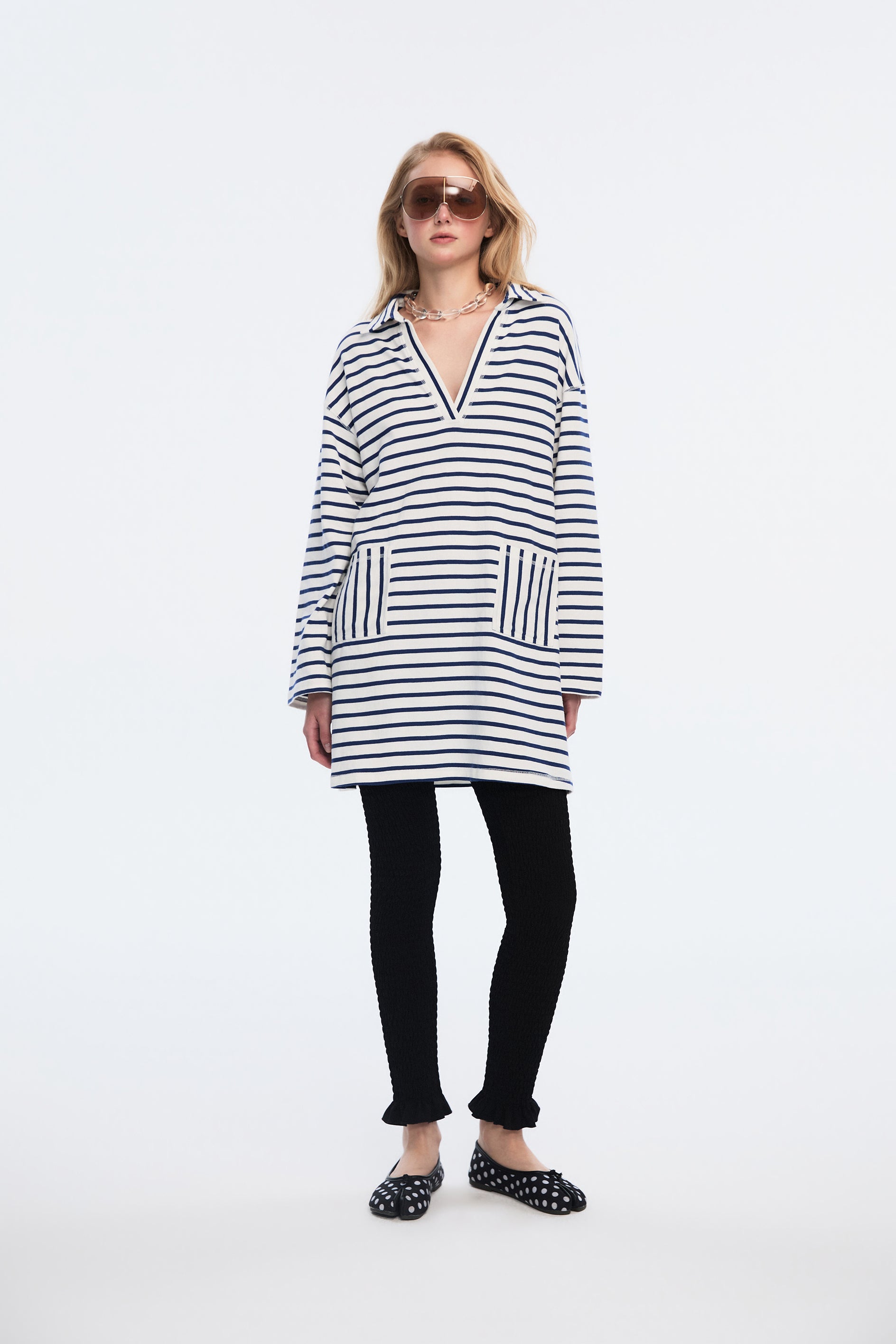 OTHER STORE Shift V-Neck Lapel Striped Mini Dress In Navy