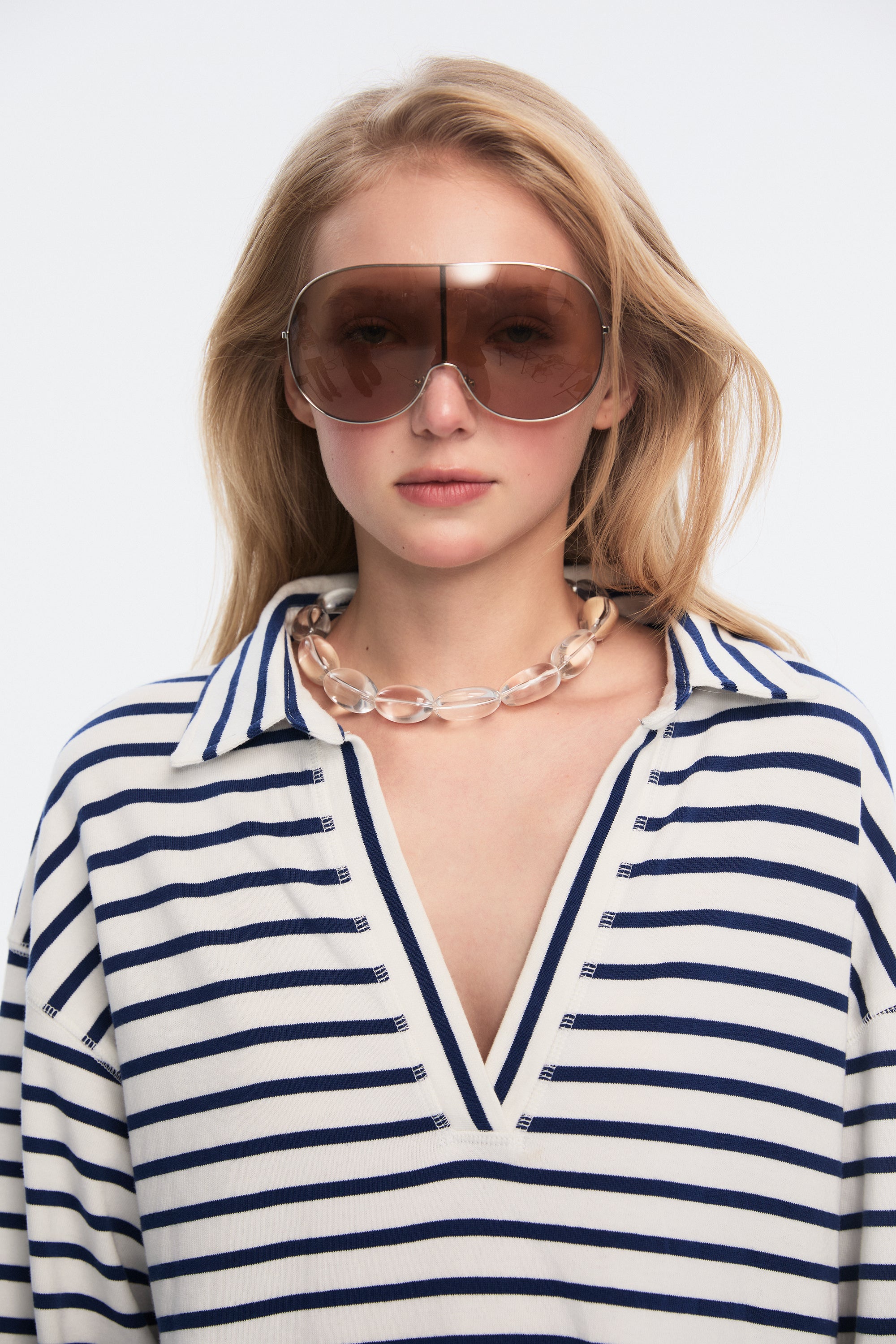 OTHER STORE Shift V-Neck Lapel Striped Mini Dress In Navy