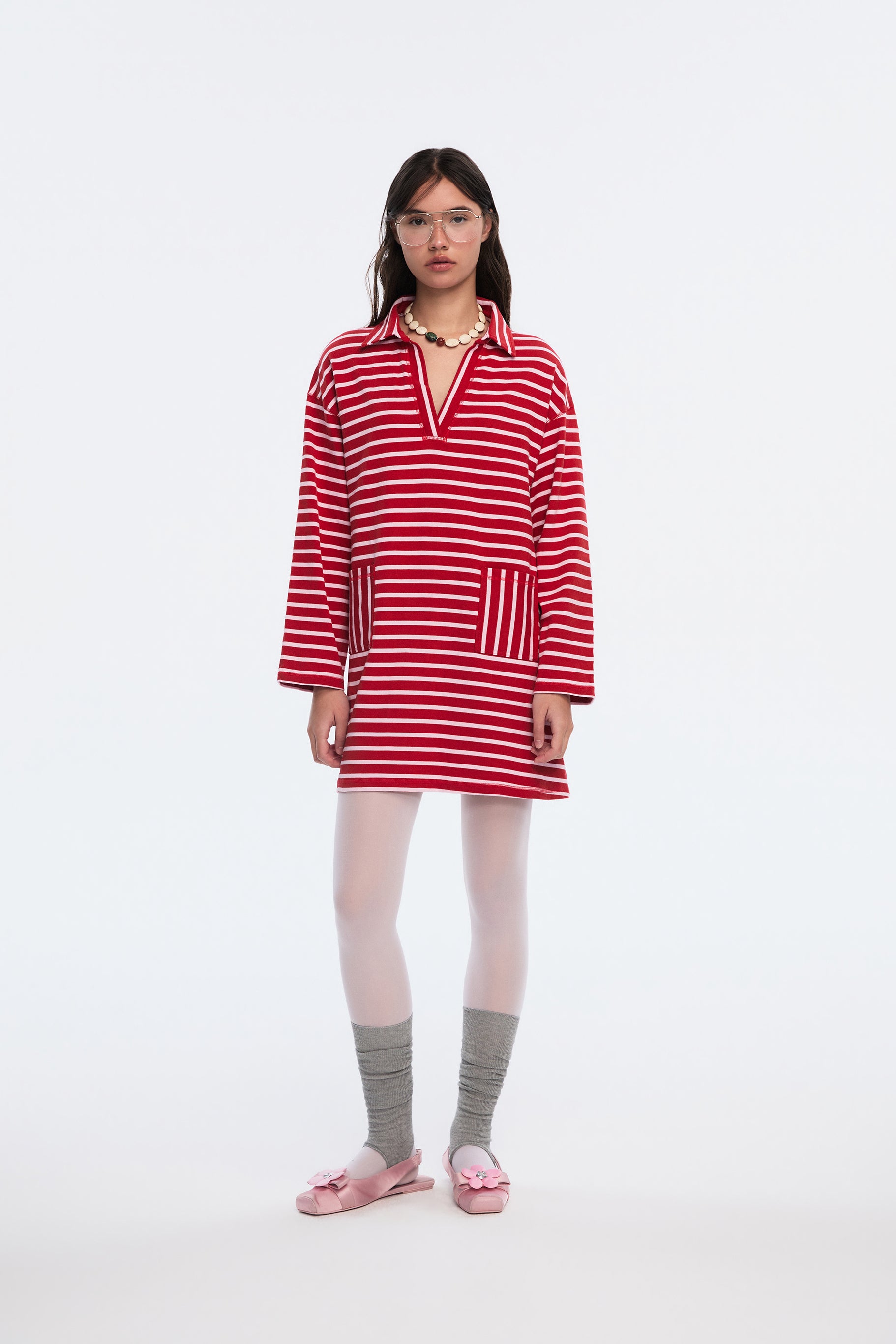 OTHER STORE Shift V-Neck Lapel Striped Mini Dress In Red
