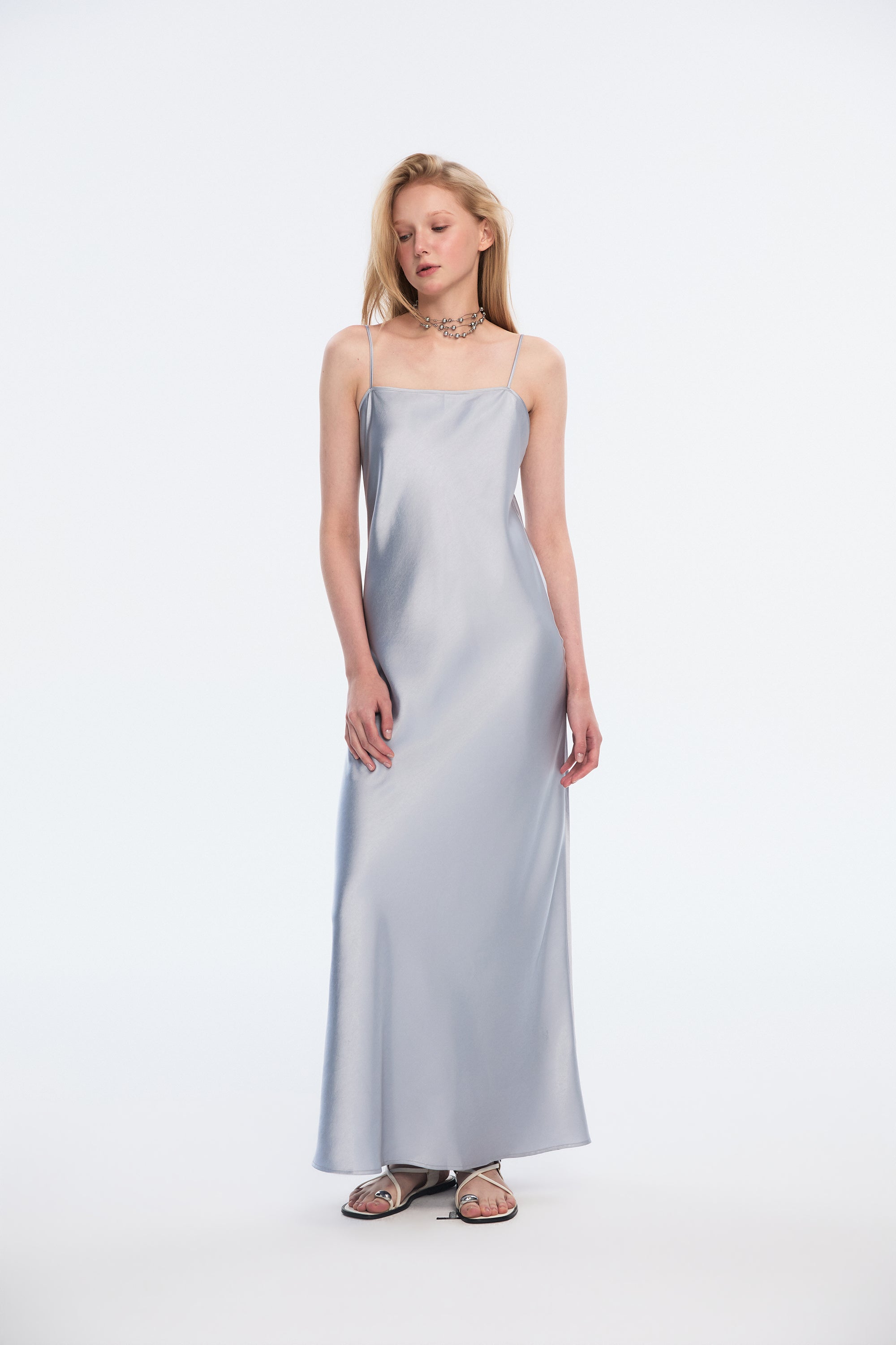 OTHER STORE Lustre Silk-Effect Cut-Out Slip Dress in Silver Mist