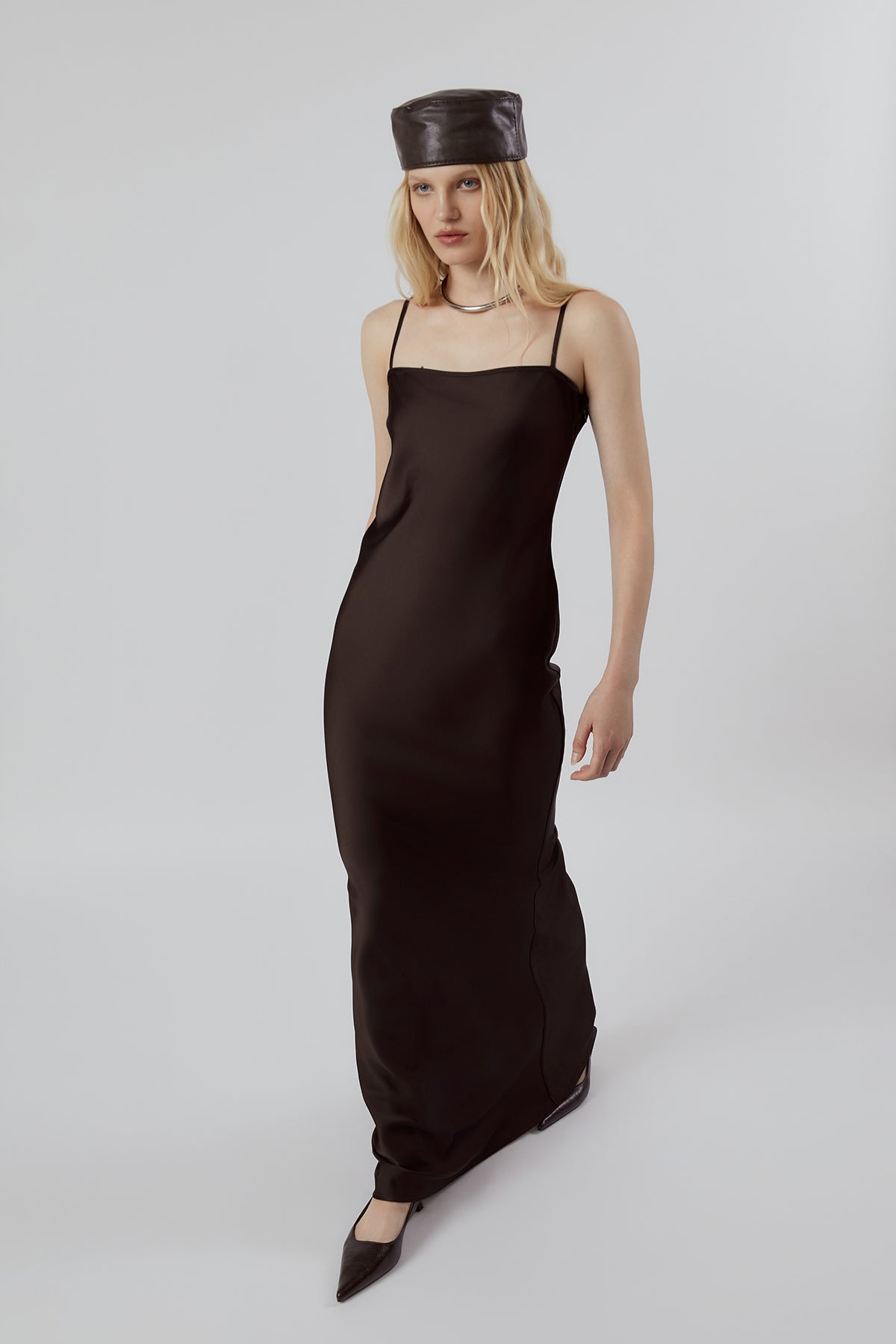 OTHER STORE Sable Square-Neck Satin Maxi Dress