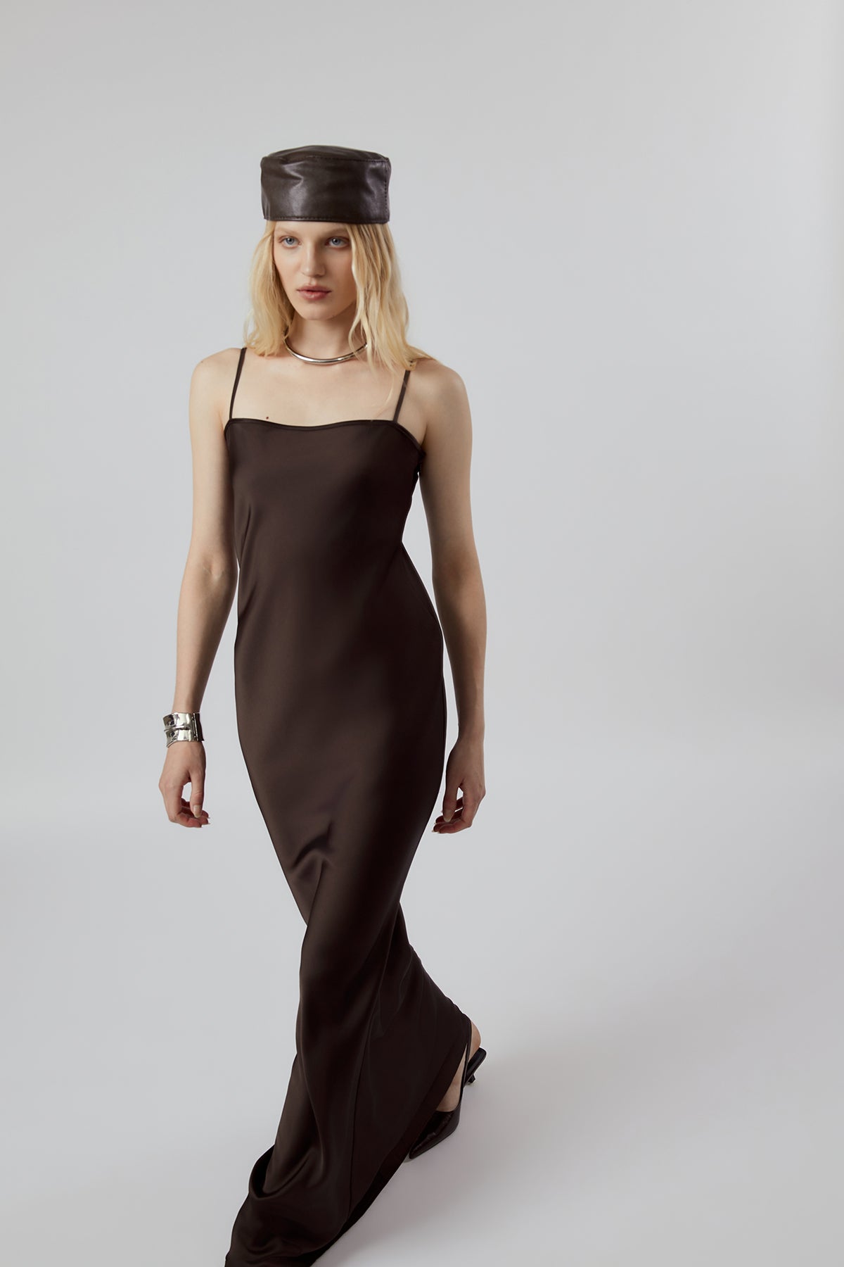 OTHER STORE Sable Square-Neck Satin Maxi Dress