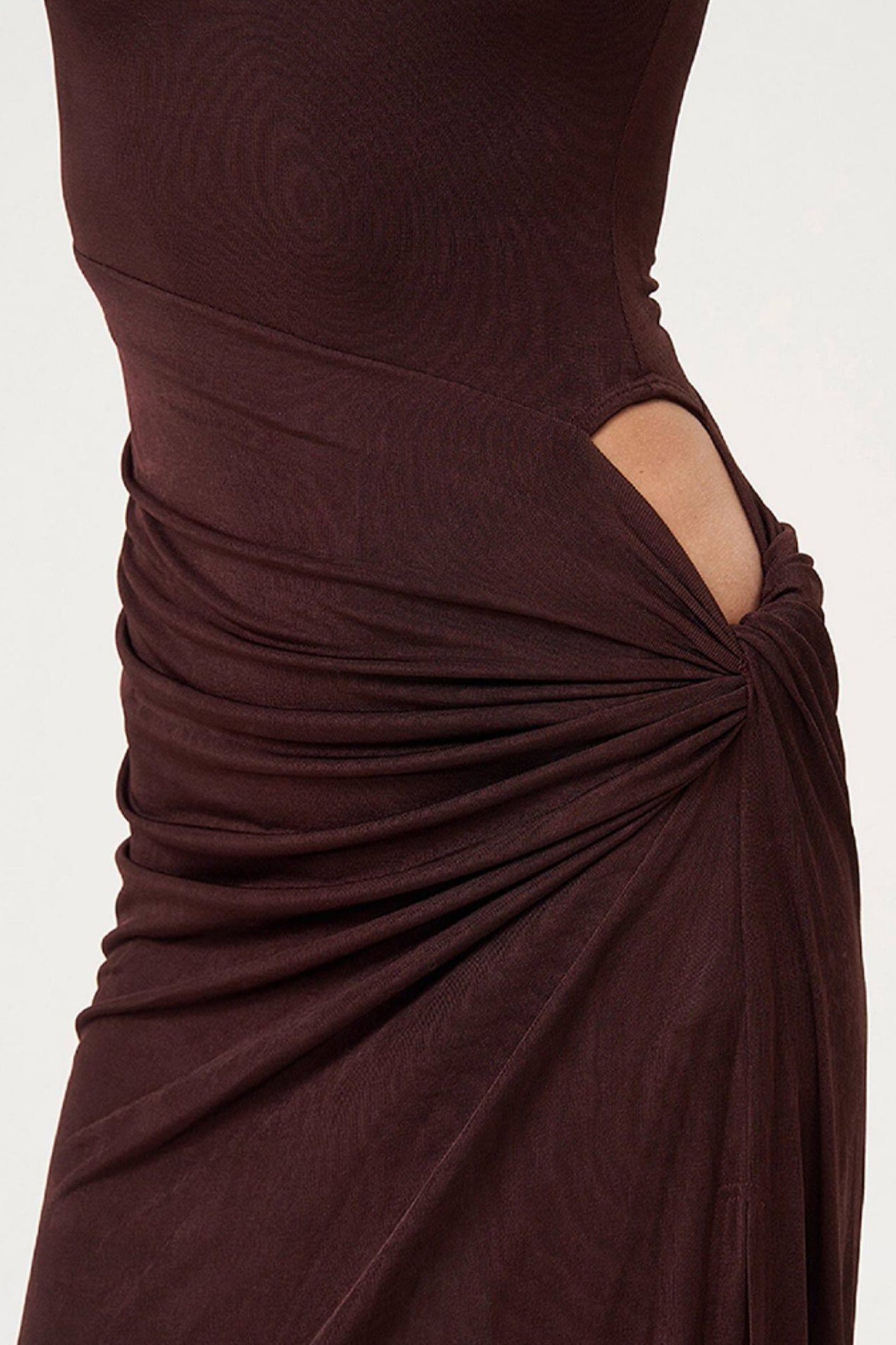 OTHER STORE Solea Cutout Drape Maxi Dress Ruched Waist Slit Gown Wine Chestnut