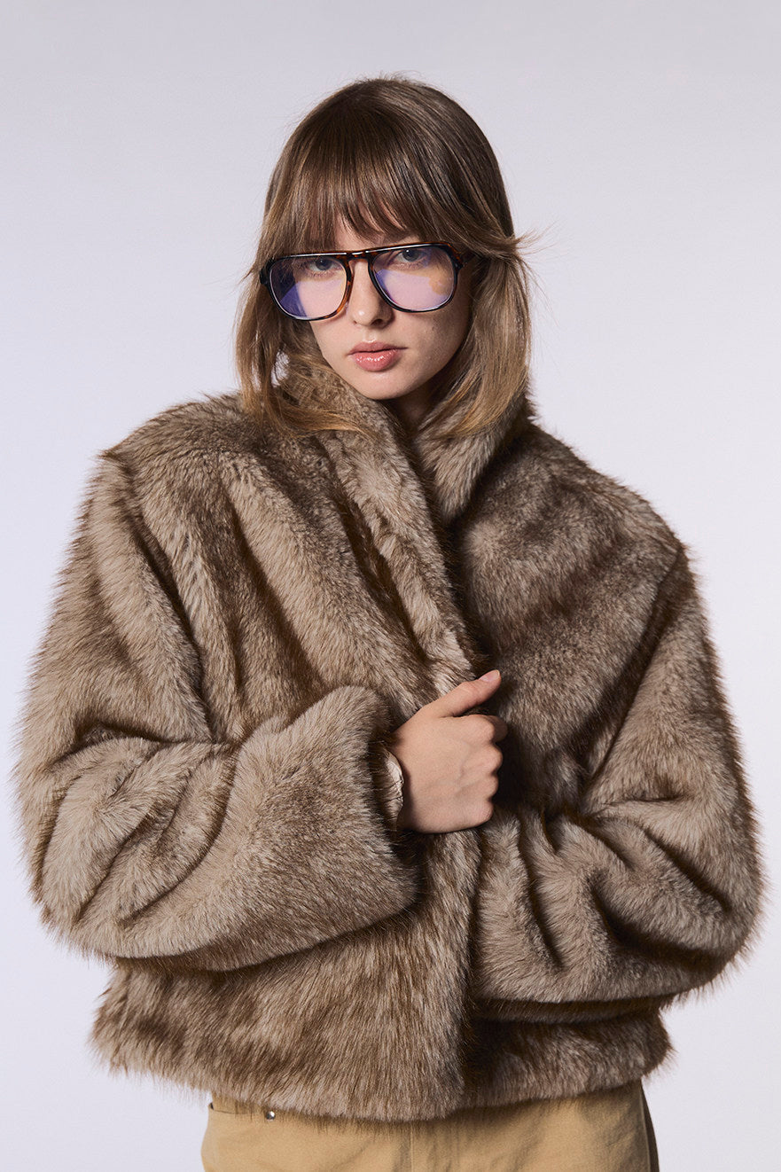 Other Store Ember Cropped Stand-Collar Ombre Faux Fur Jacket in Camel Brown
