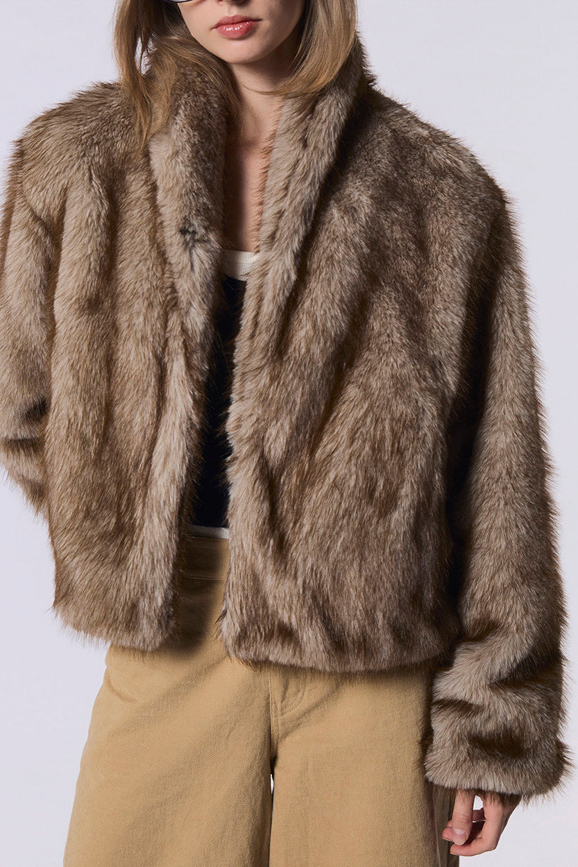 Other Store Ember Cropped Stand-Collar Ombre Faux Fur Jacket in Camel Brown