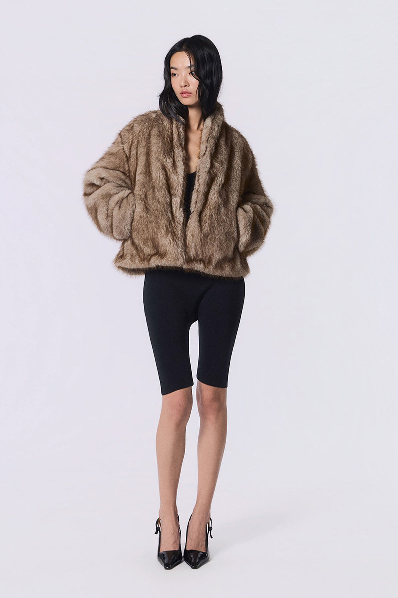Other Store Ember Cropped Stand-Collar Ombre Faux Fur Jacket in Camel Brown