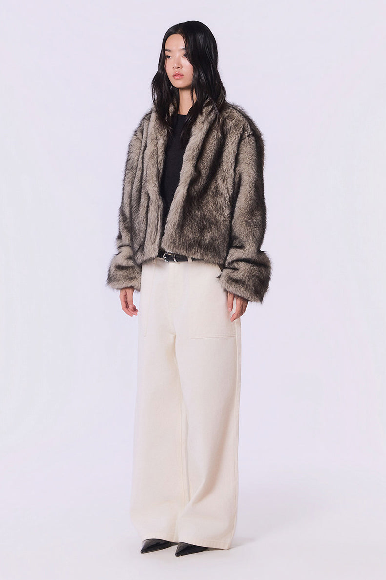 Other Store Ember Cropped Stand-Collar Ombre Faux Fur Jacket in Silver Grey