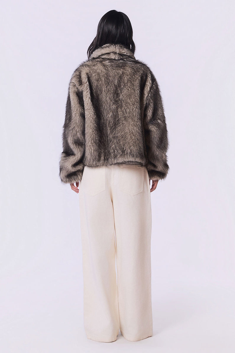 Other Store Ember Cropped Stand-Collar Ombre Faux Fur Jacket in Silver Grey