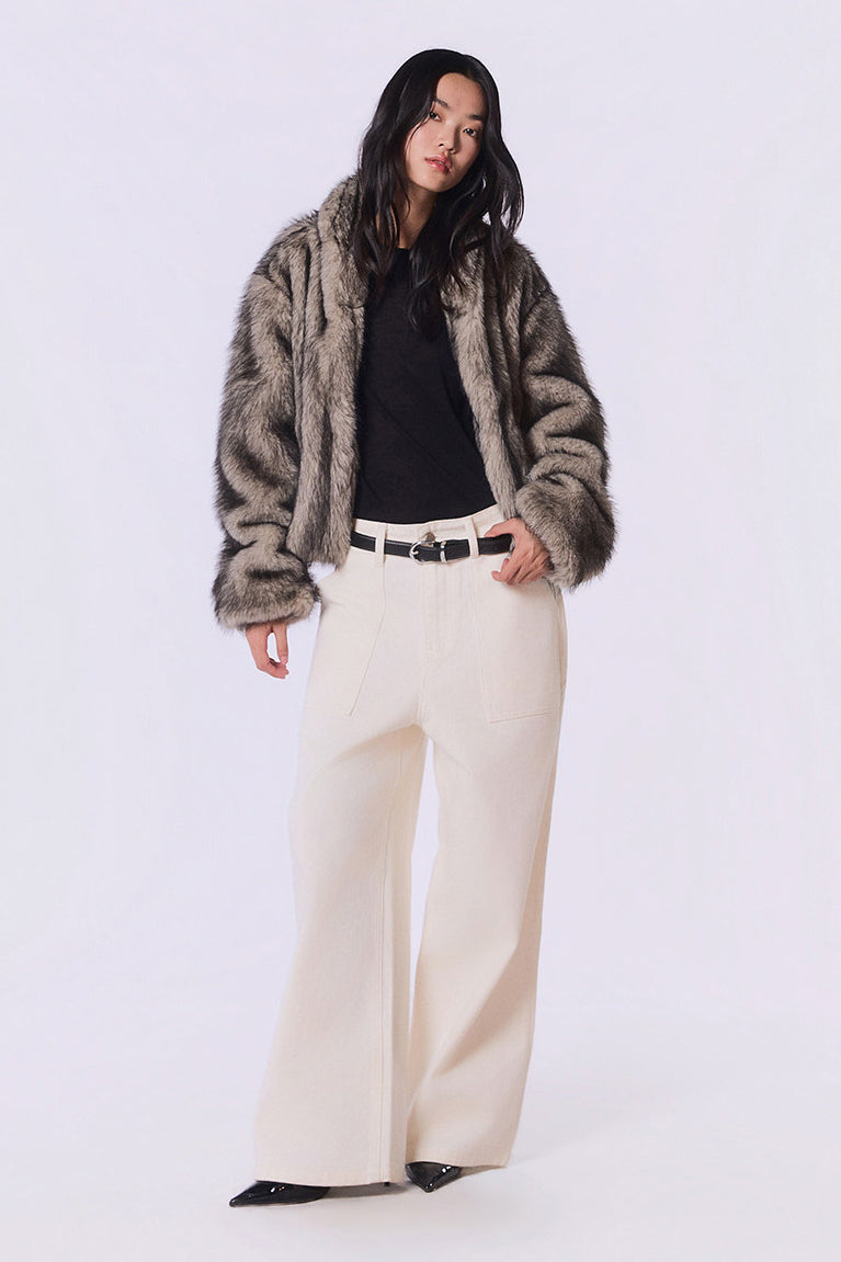 Other Store Ember Cropped Stand-Collar Ombre Faux Fur Jacket in Silver Grey